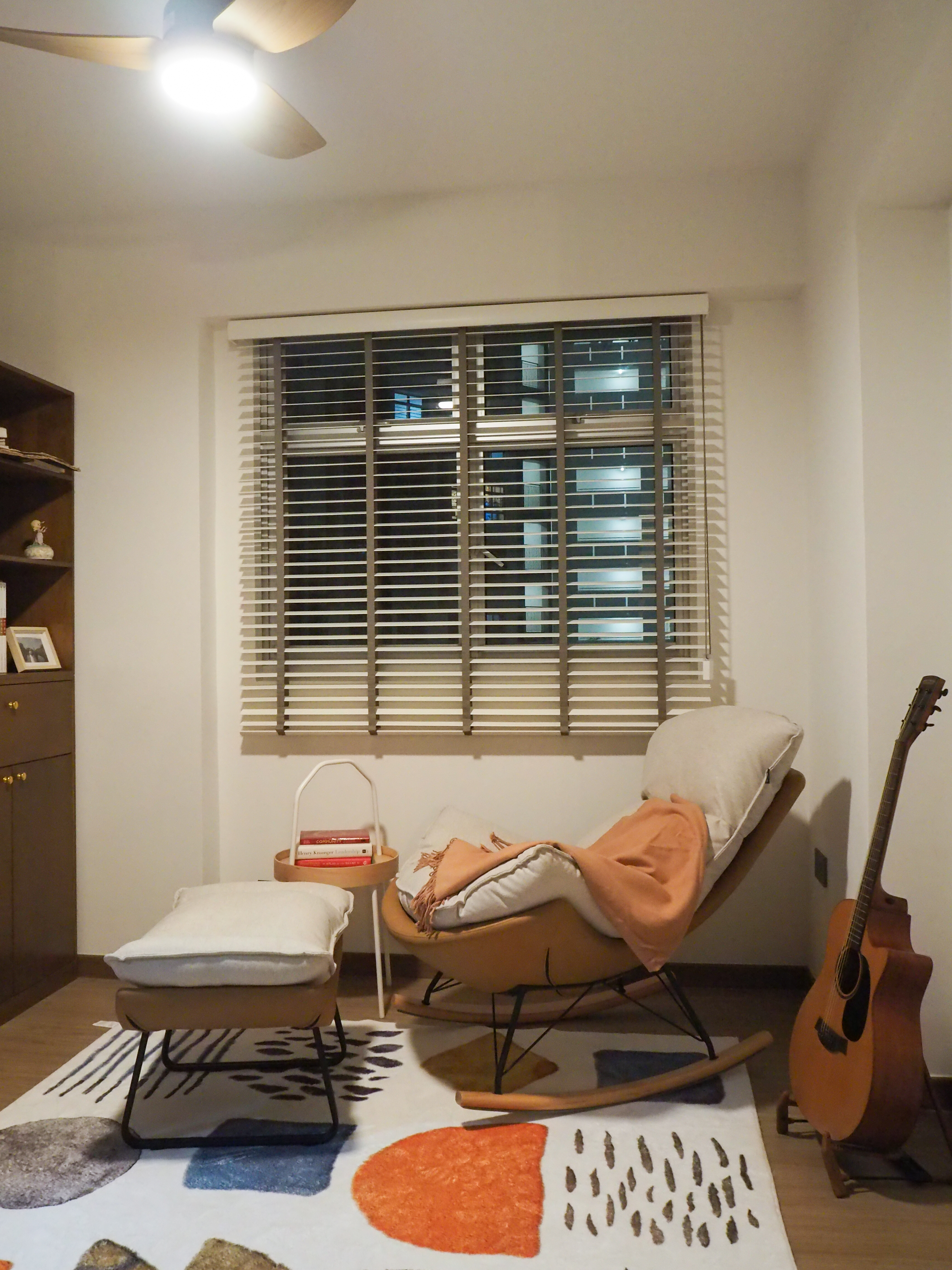 Favourite Cosy Corners  - Modern cozy bedroom, soft lighting, wooden furniture, white and beige color scheme, comfortable