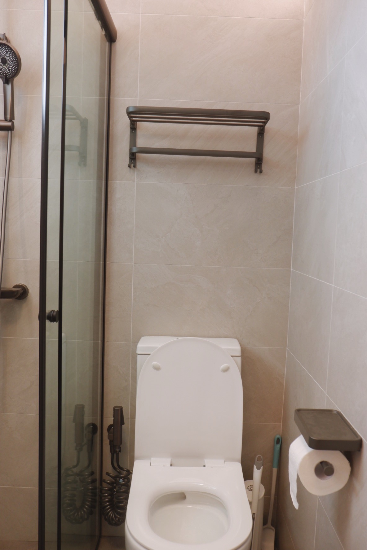 Our Bathrooms: My husband and I designed a bathroom each - Shower with rainfall showerhead, glass shower enclosure, metal