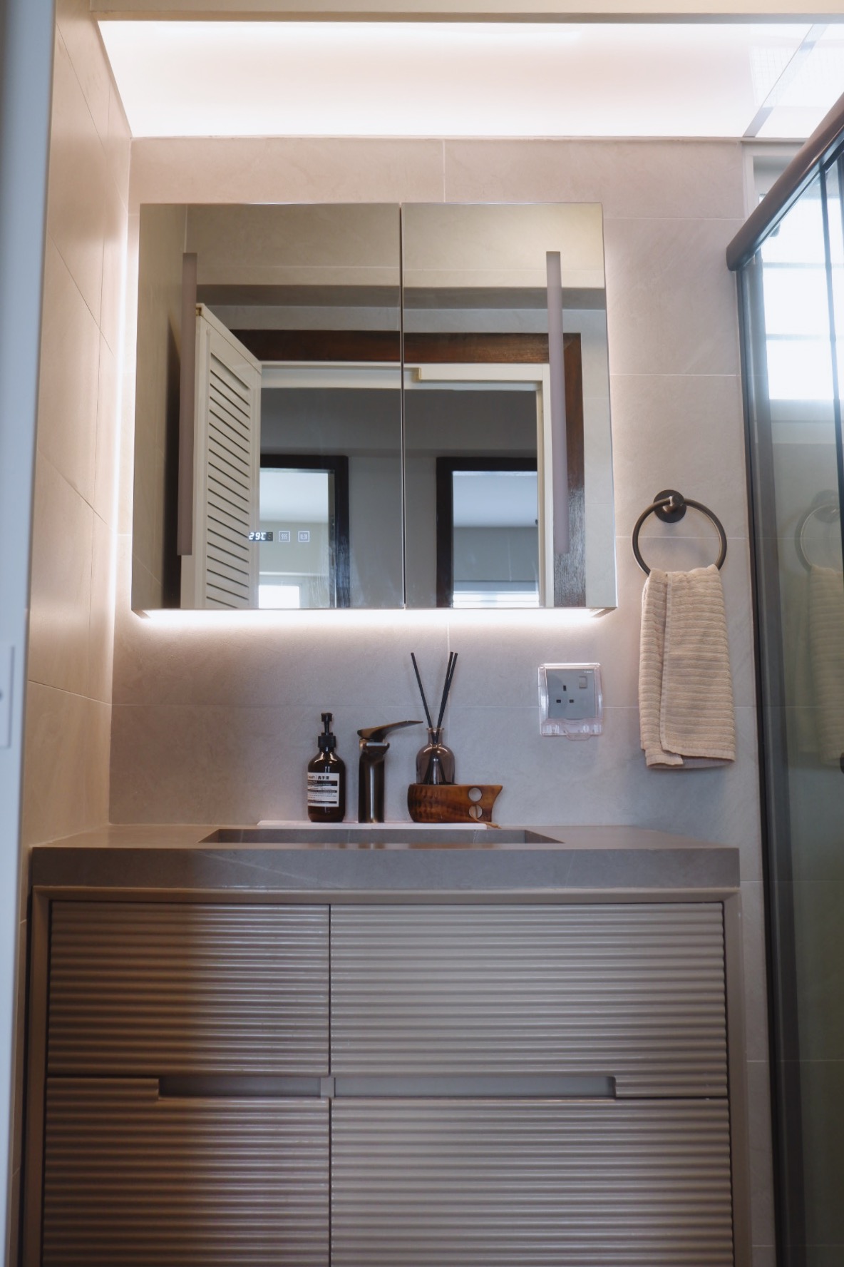 Our Bathrooms: My husband and I designed a bathroom each - Modern bathroom vanity, sleek design, illuminated mirror, beige