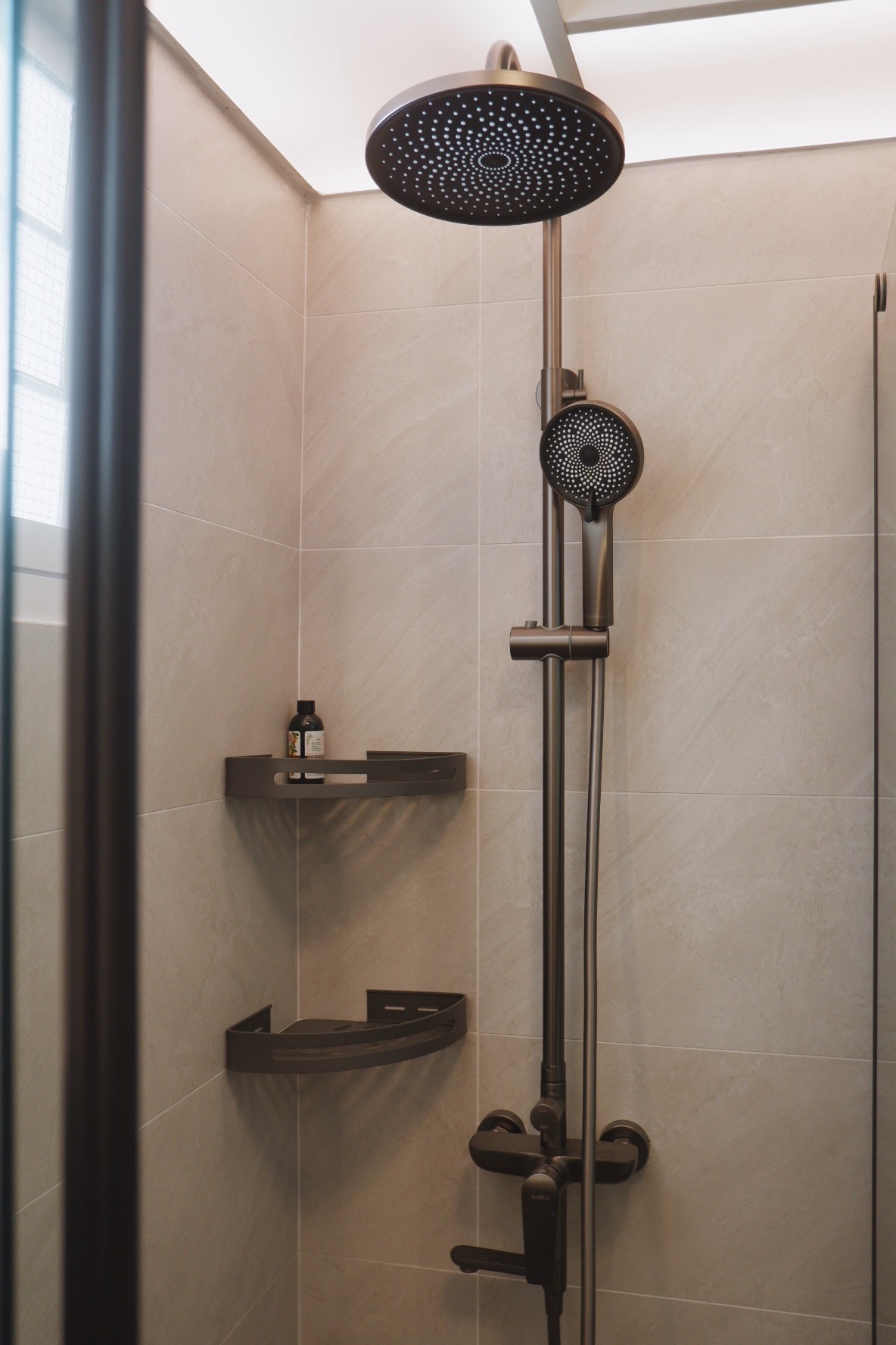 Our Bathrooms: My husband and I designed a bathroom each - Modern shower enclosure, sleek design, beige tiles, contemporary