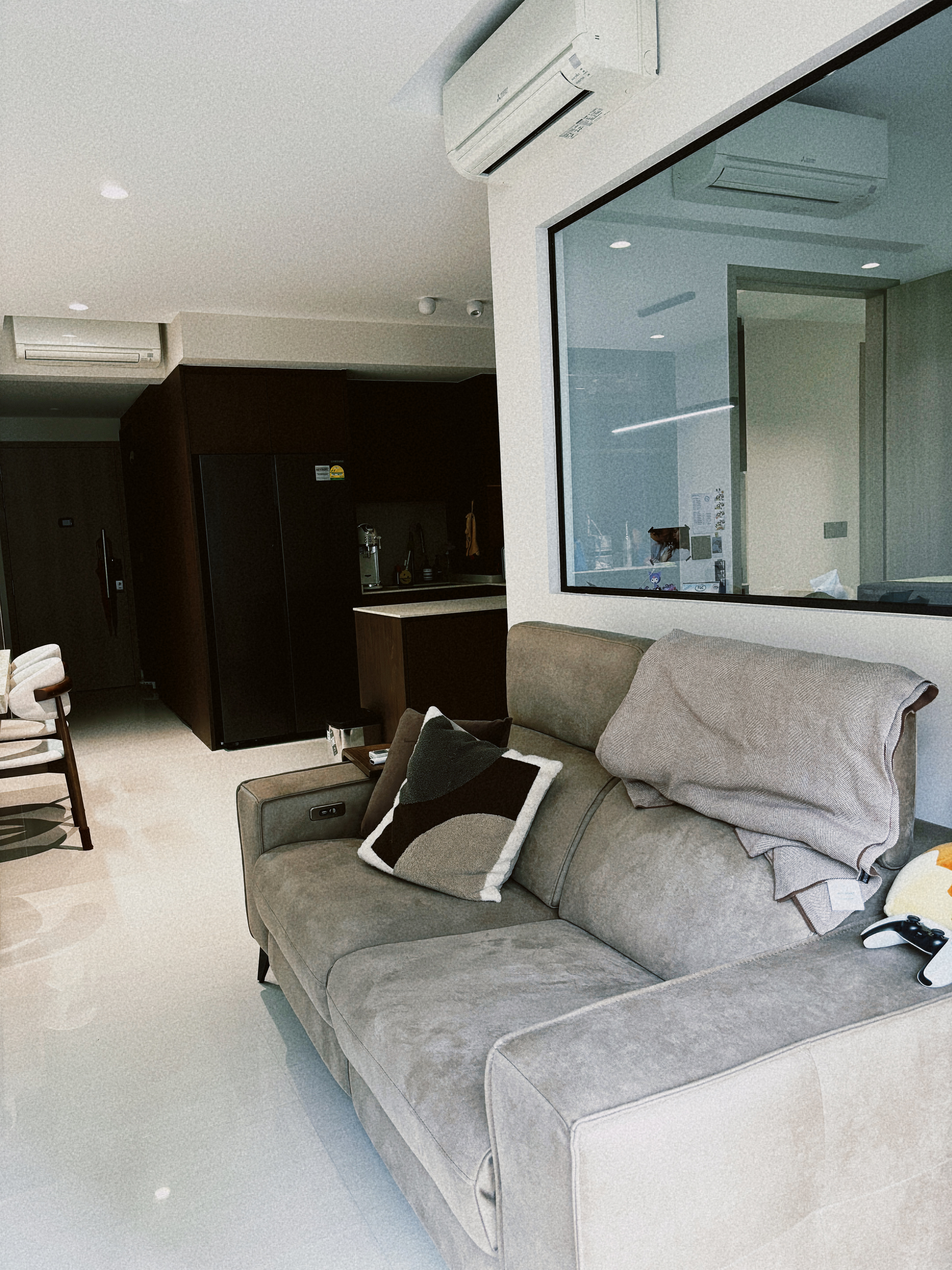 Still very much a WIP, our little living area! - Modern living room, cozy seating area, beige sofa, gray cushions, plush