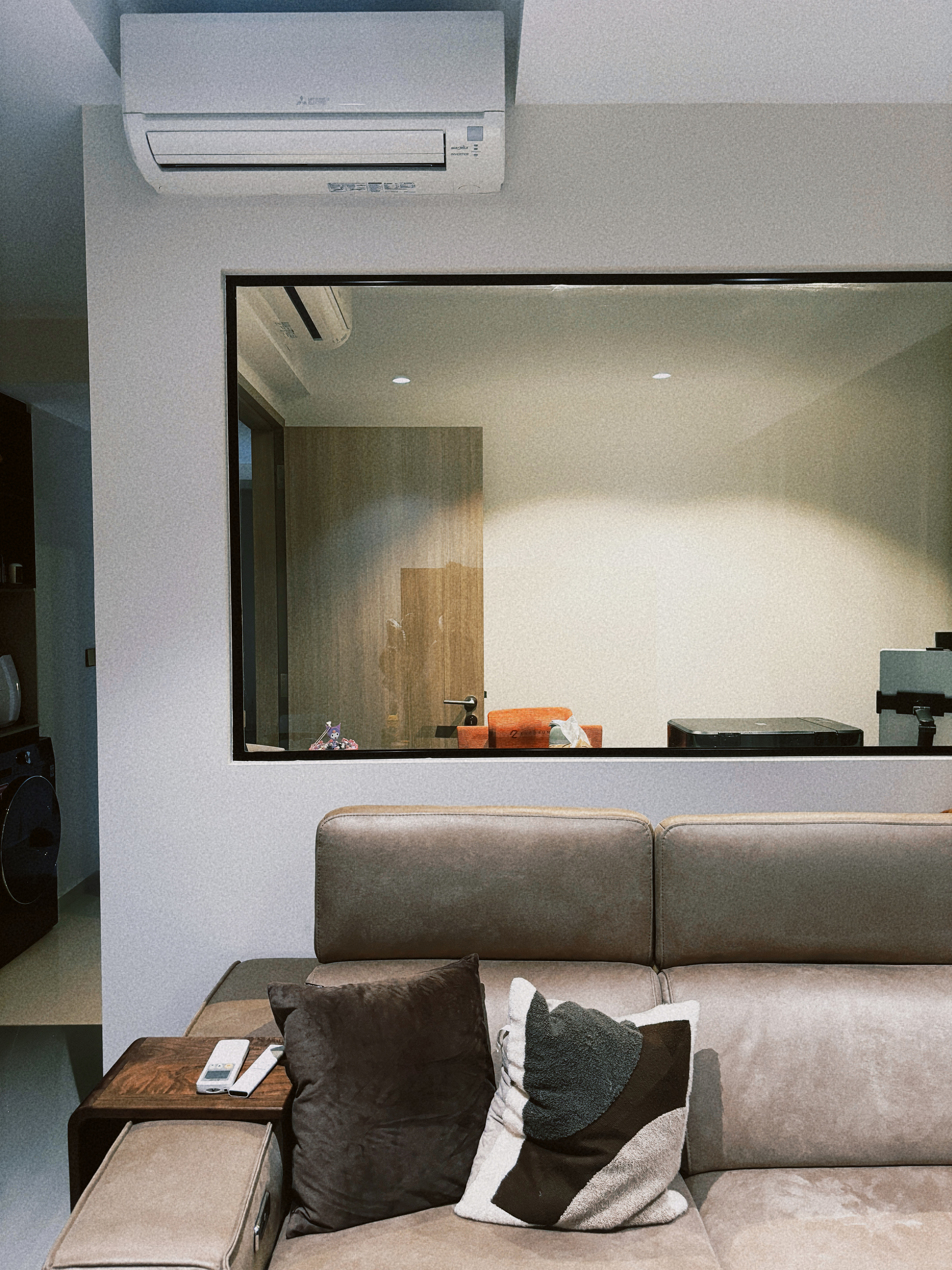 Small add-ons, big difference! - Modern living room, minimalist decor, beige sofa, brown and white throw pillows, wooden