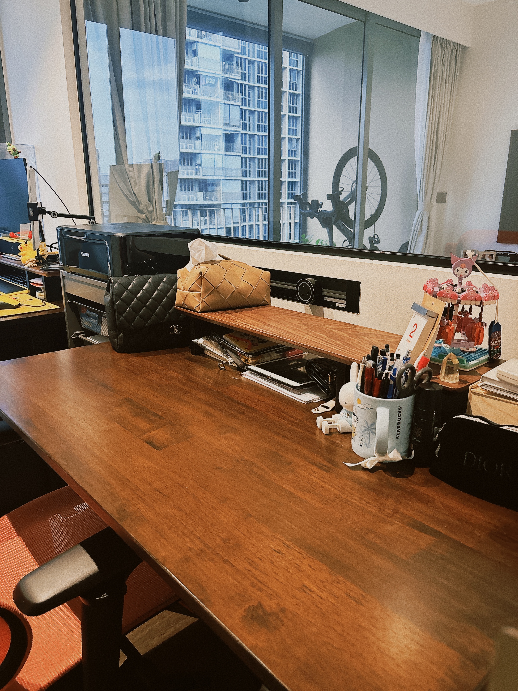 HIS / HERS Work desk! - Wooden desk, modern office, large window, cityscape view, comfortable chair, black office chair