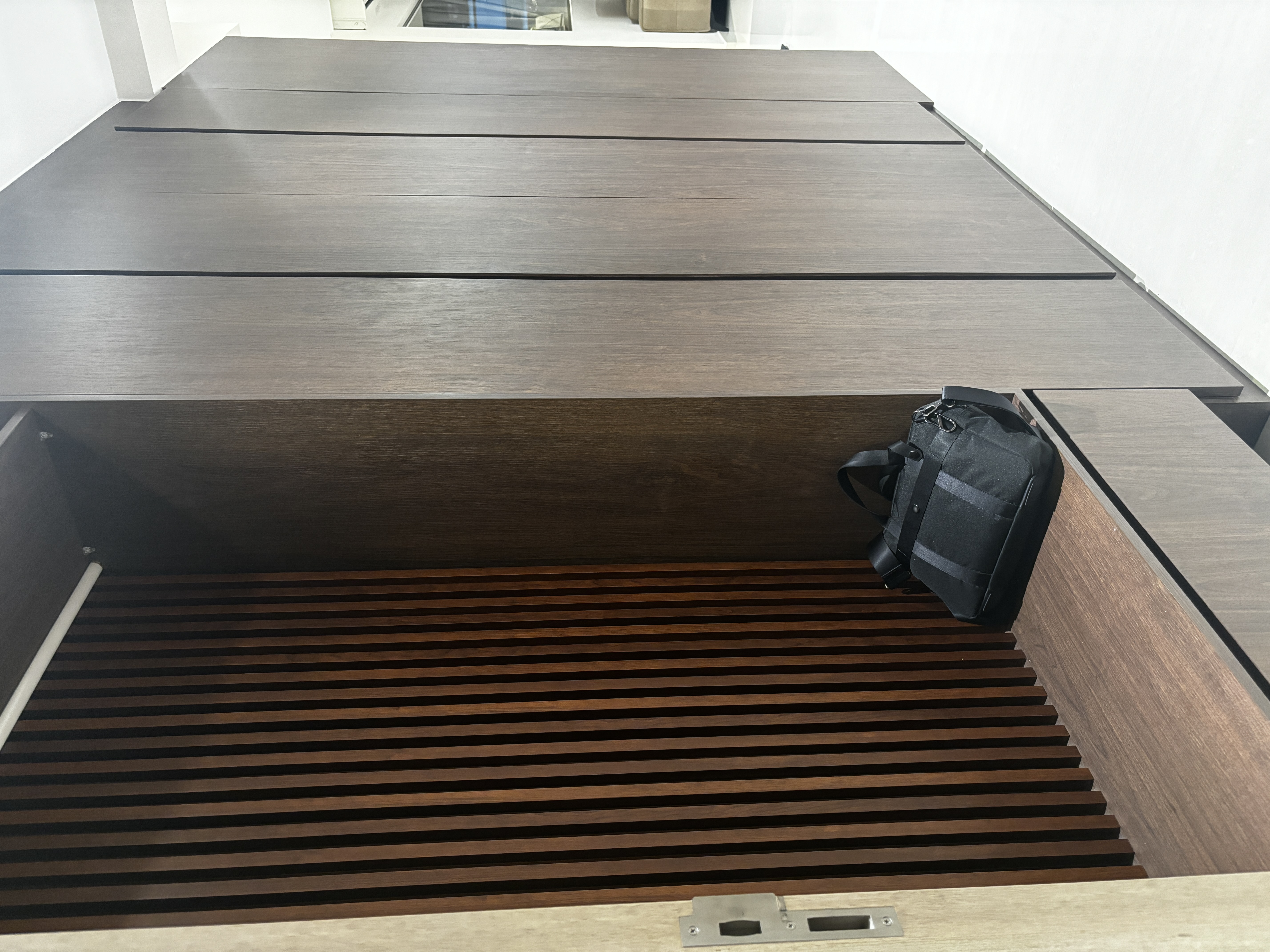 Entryway to our home! - Wooden staircase, modern design, minimalist decor, sleek cabinetry, wooden flooring, horizontal