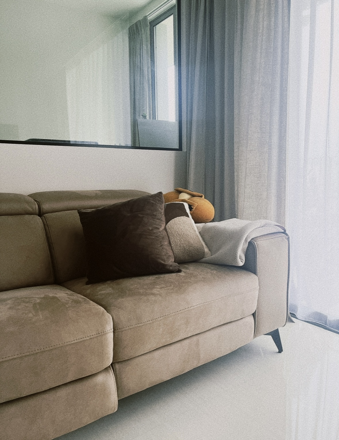 Little pop of colours in our home~ - Cream-colored, plush sofa, modern design, soft cushions, brown and beige pillows, cozy