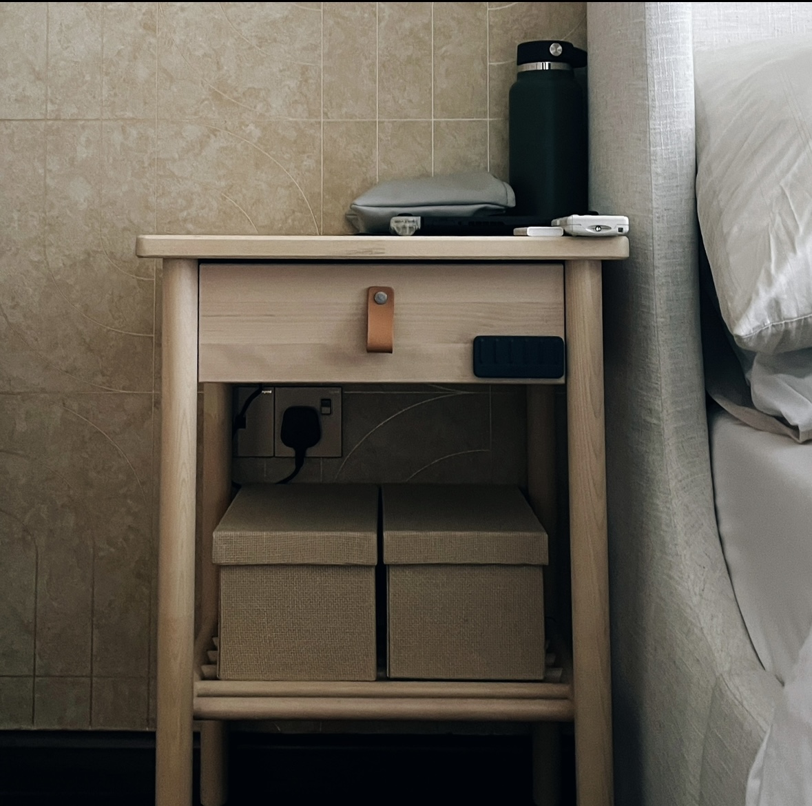 Little pop of colours in our home~ - Wooden nightstand, beige tiled wall, bedside table, small drawer, black power adapter