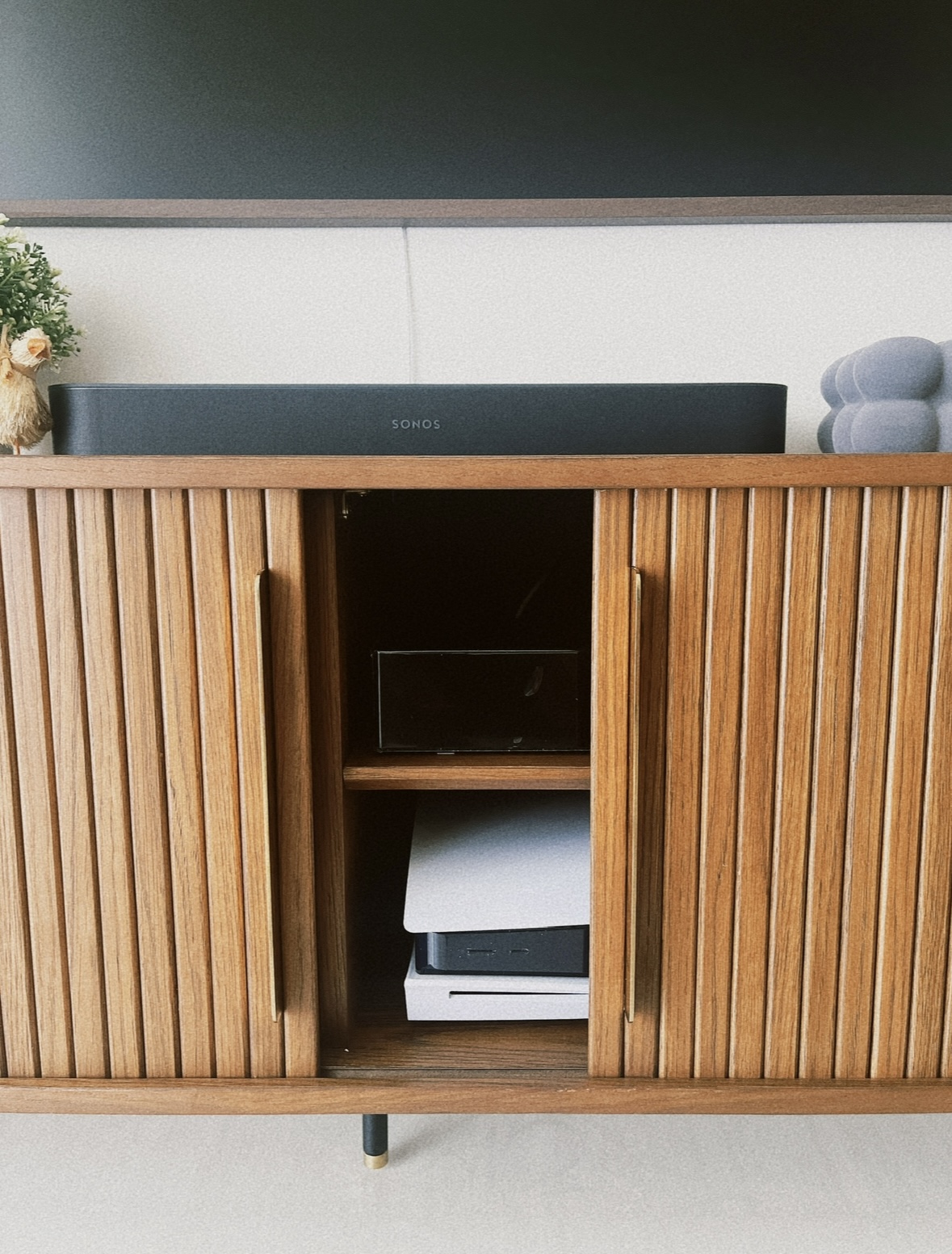 Little pop of colours in our home~ - Wooden cabinet, black Sony speaker, open shelf, electronic devices, minimalist decor
