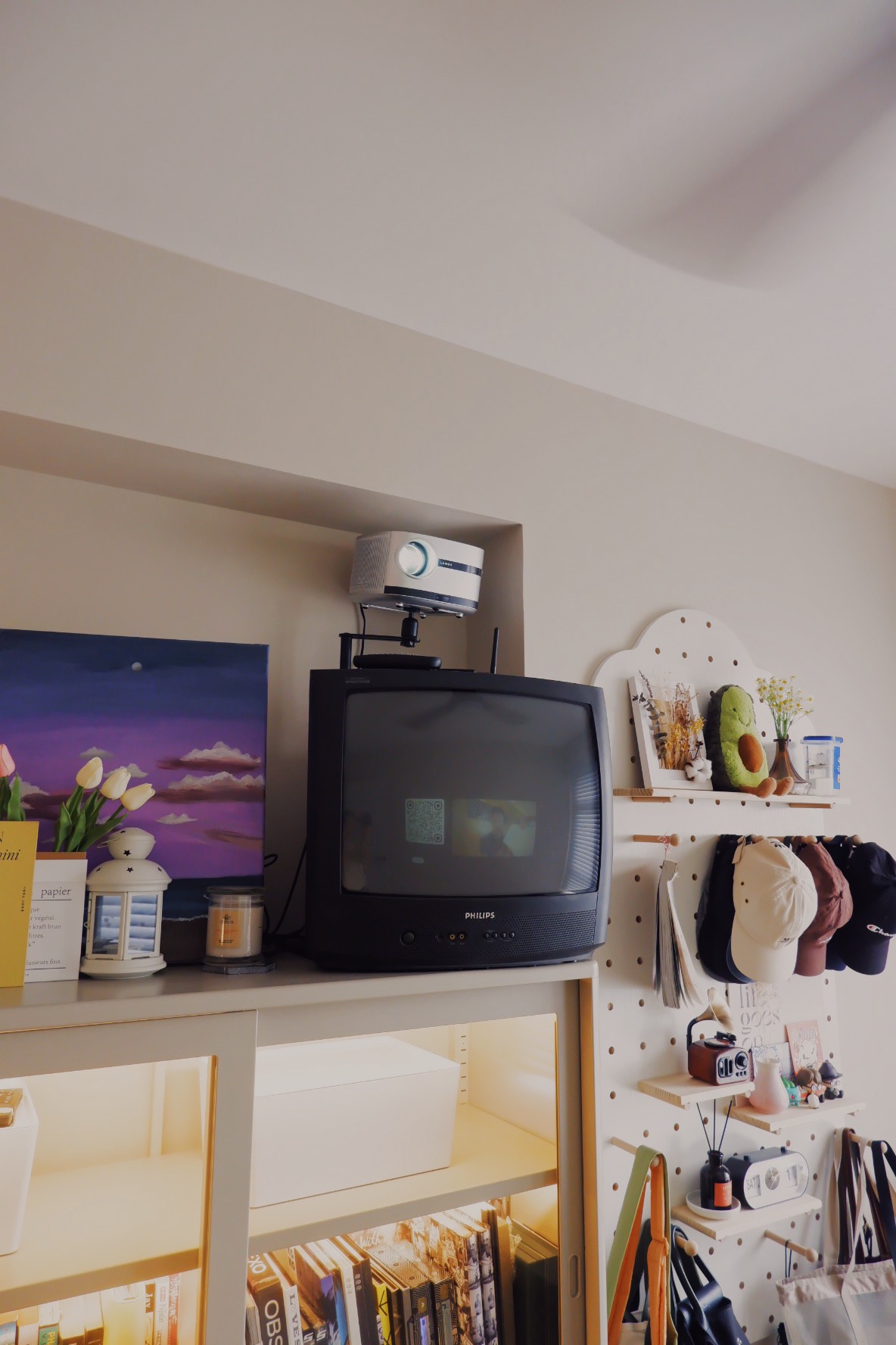 Home Office with Zero Built-ins: My husband's favourite room  - shelf, vintage television, cozy corner, wall-mounted
