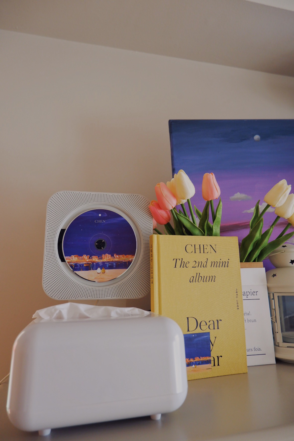 Home Office with Zero Built-ins: My husband's favourite room  - smart speaker, CD player, cityscape, night sky, moon, white