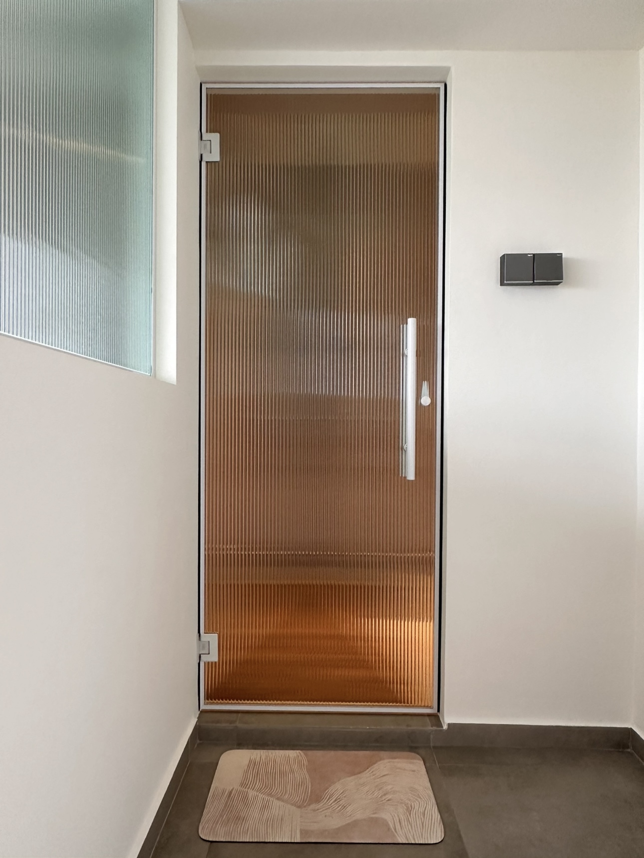 Join us in building our 3 bathrooms! - Modern minimalist design, sleek door with vertical blinds, warm copper finish