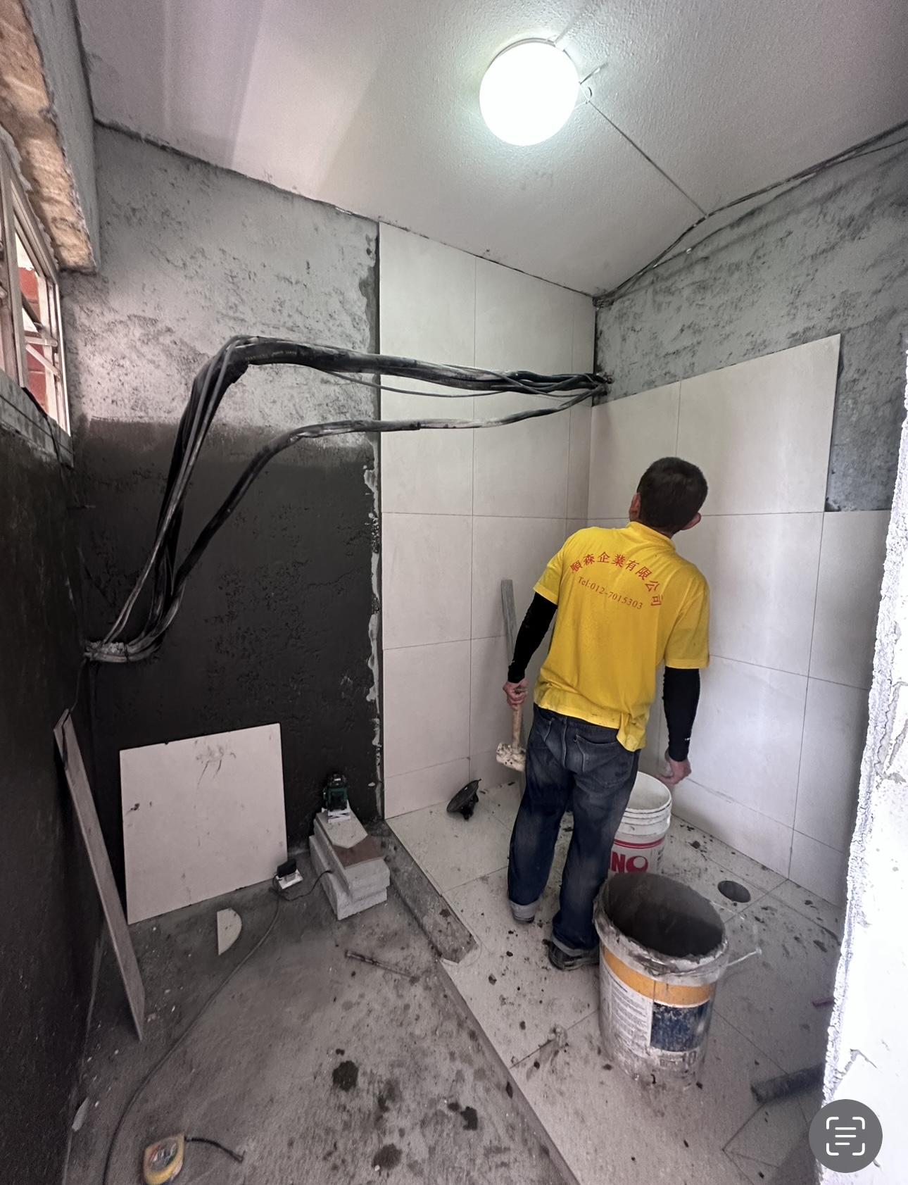 Join us in building our 3 bathrooms! - tiled room, construction site, wall renovation, electrical work, tile installation