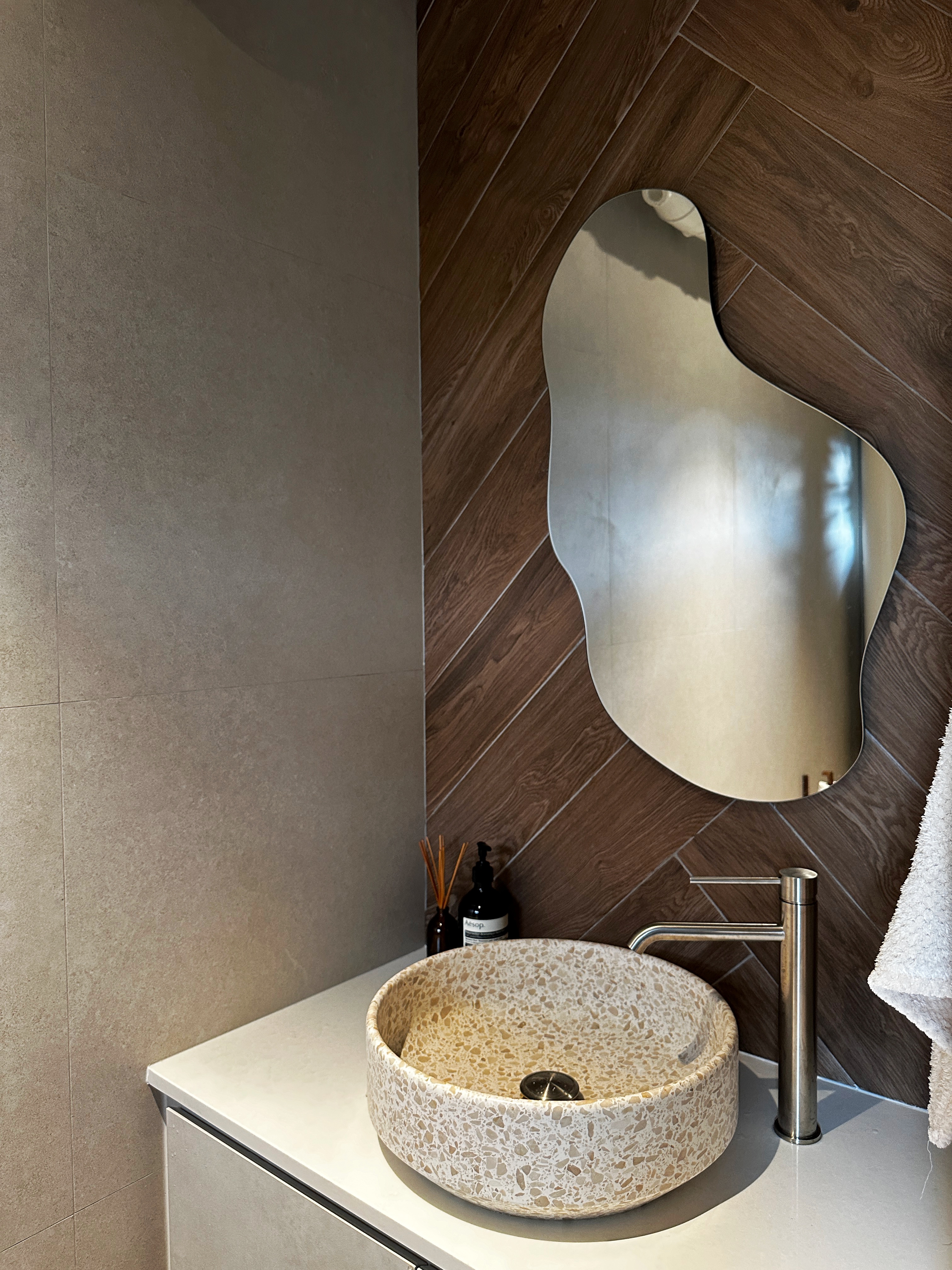 Join us in building our 3 bathrooms! - modern bathroom vanity, contemporary sink, oval-shaped mirror, wooden panel wall
