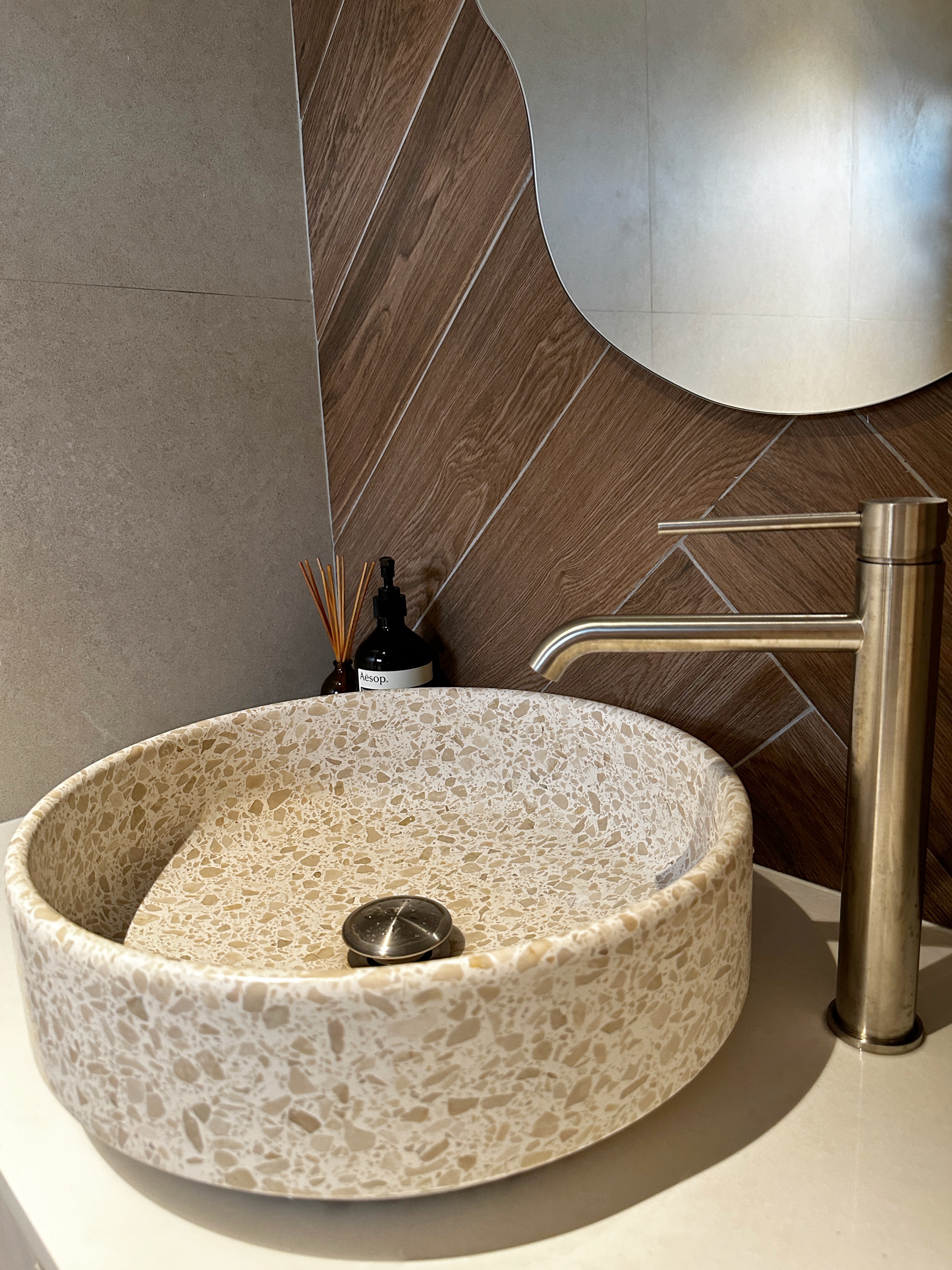 Join us in building our 3 bathrooms! - Bathroom vanity, modern sink, textured surface, oval shape, ceramic design, wooden