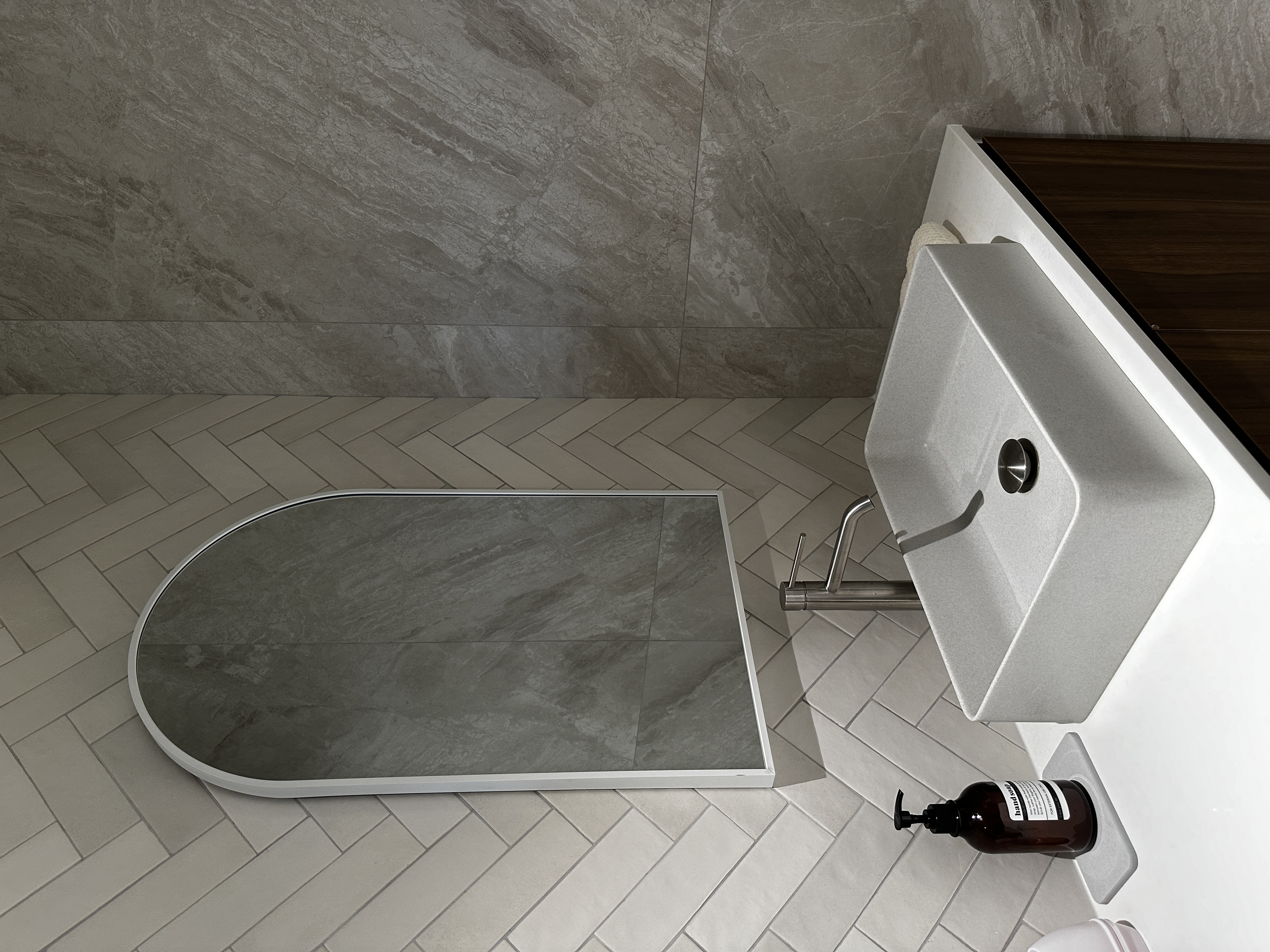 Join us in building our 3 bathrooms! - modern bathroom, herringbone tile, gray marble, sleek design, minimalist decor