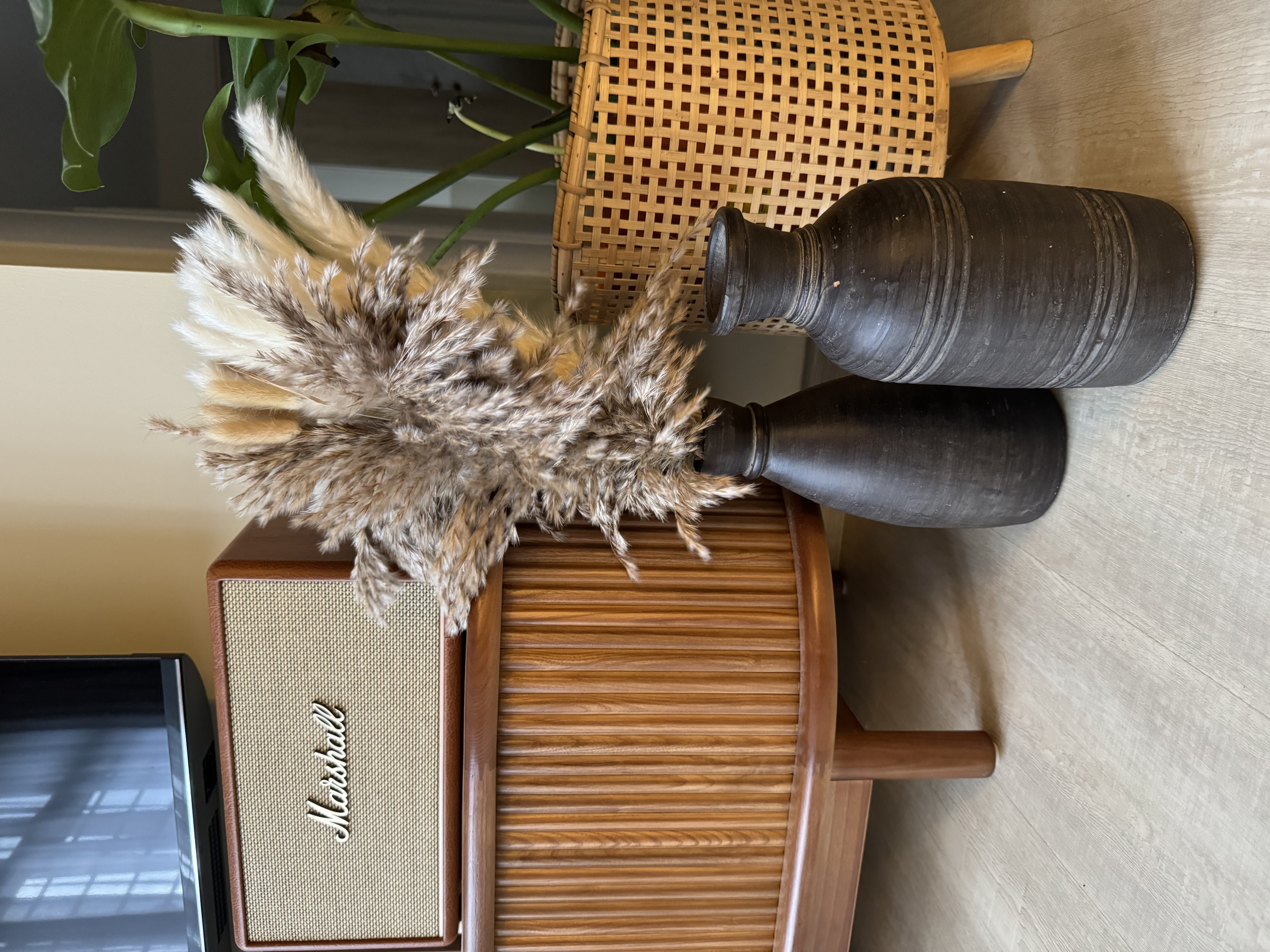 Our Secrets to Cable-Free TV Setup 📺  - Fur pom-pom, vintage radio, wooden cabinet, wicker basket, black vase, textured