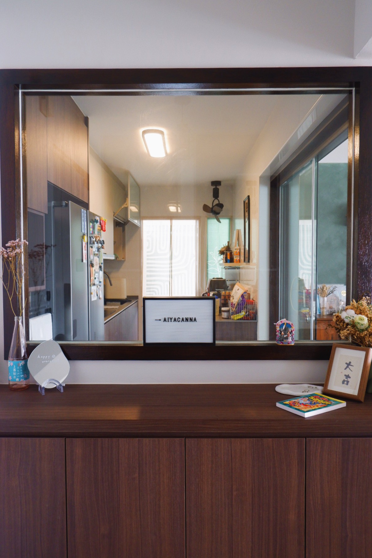 Our Entryway: "Hey Siri, I'm home"  - Wooden cabinet, mirror, interior view, kitchen, refrigerator, magnets, light fixture