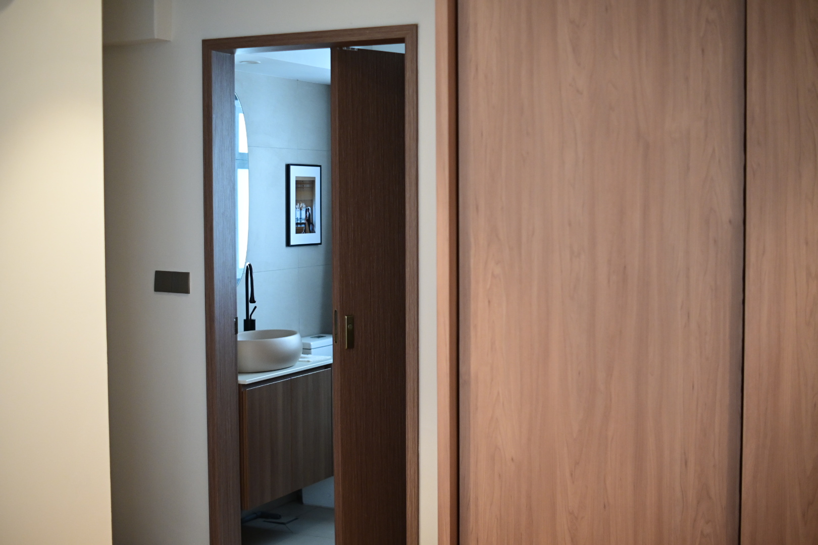 Our bedroom - the most comfortable space in the house  - Modern bathroom interior, minimalist design, wooden door frame