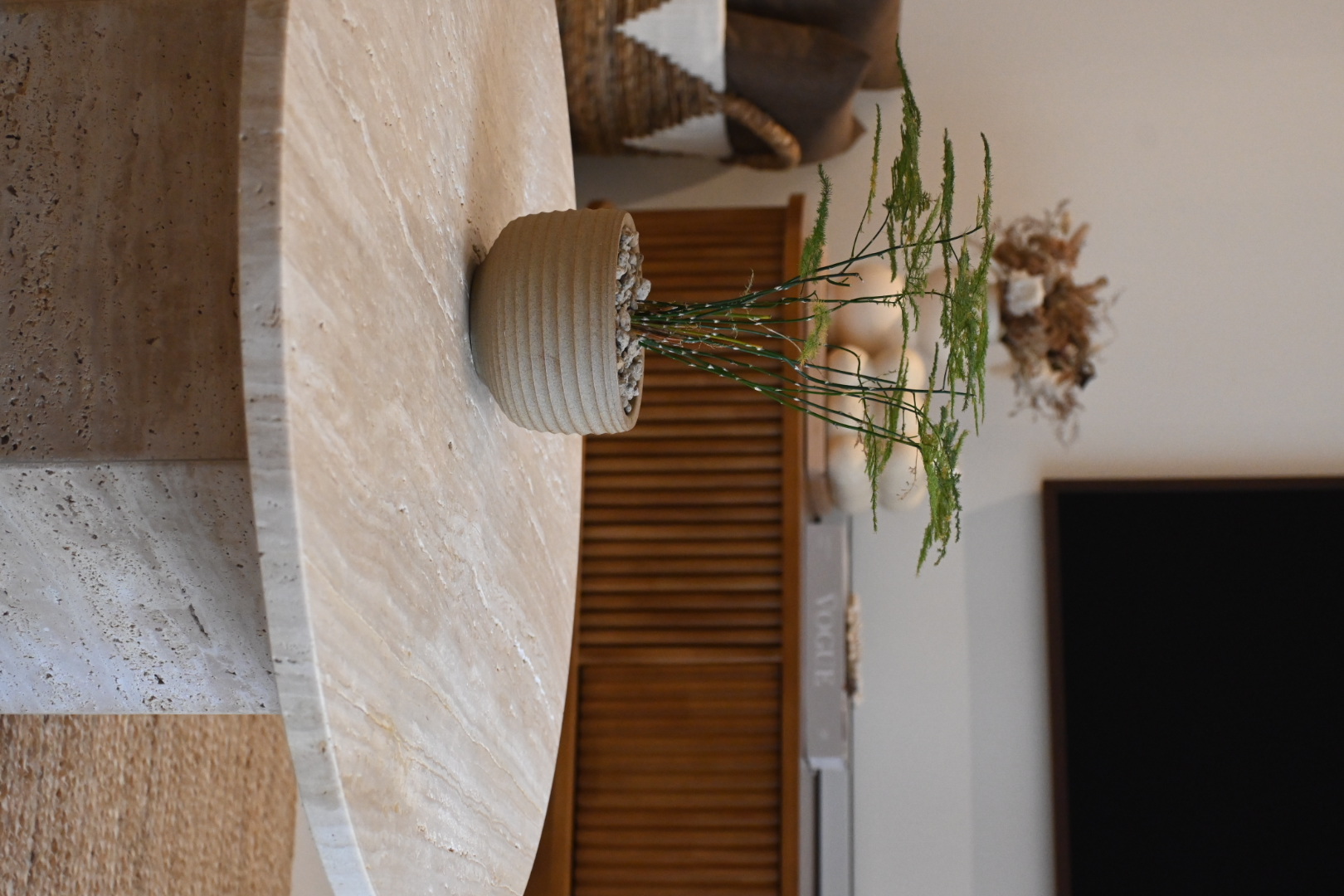 House plants - can you tell if they are real or fake?  - stone table, indoor setting, textured wall, modern decor, potted