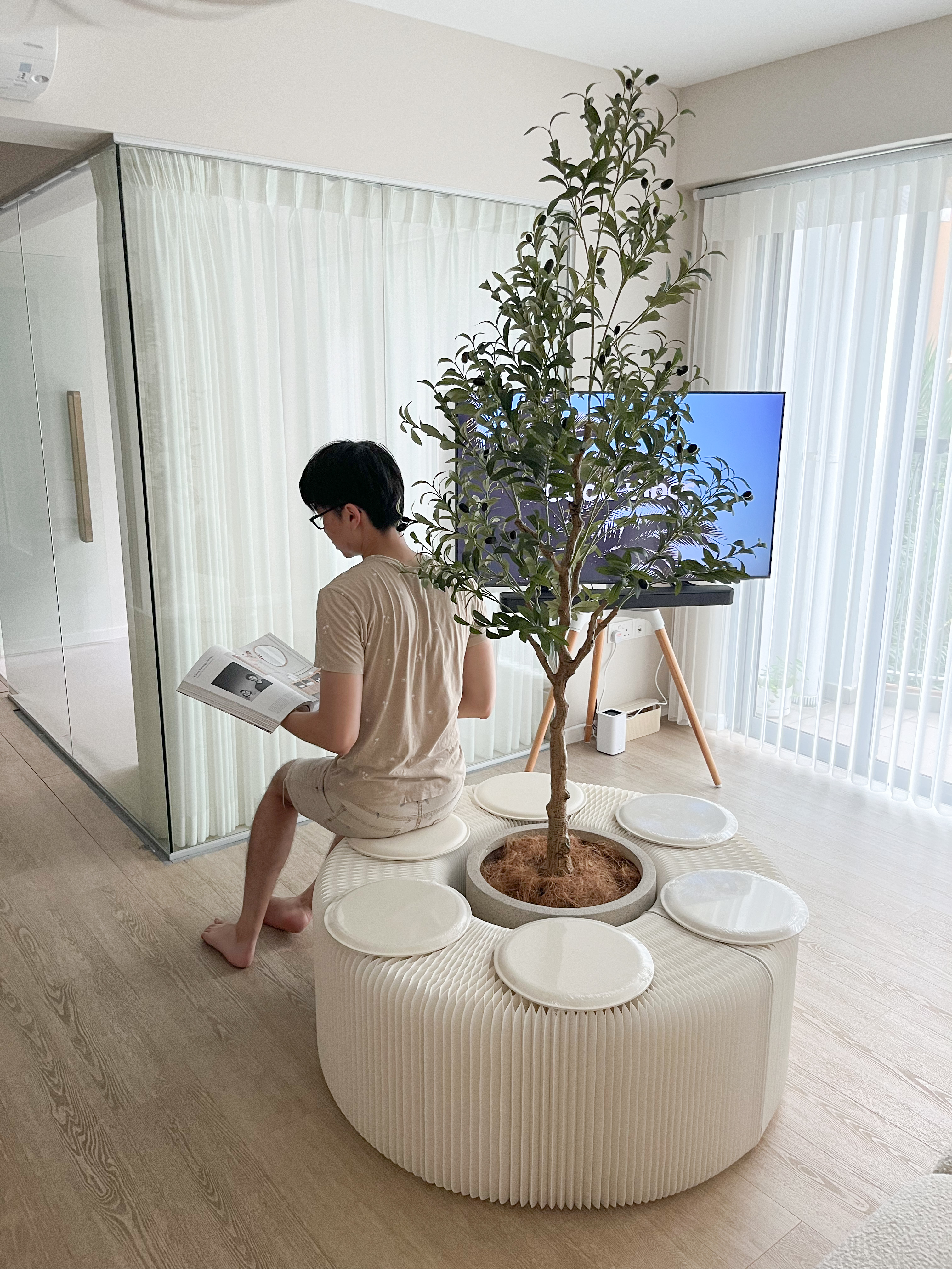Living Room: Heart of the Home - Modern living room, minimalist design, cozy atmosphere, natural light, large window, potted