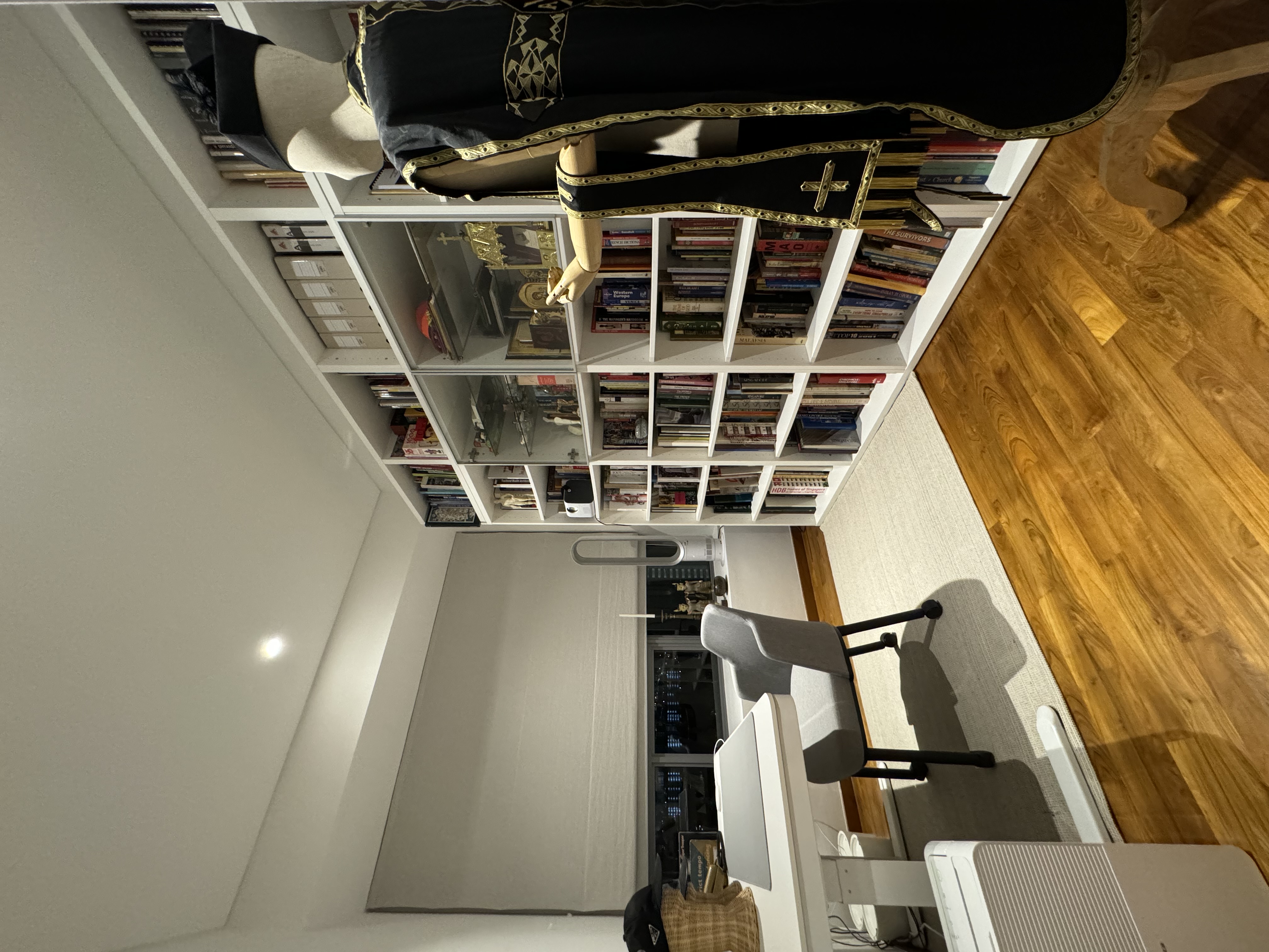 Study @ Rumah Beacon - Bookshelf, mannequin, mannequin head, bookshelf with glass doors, bookshelf with white shelves