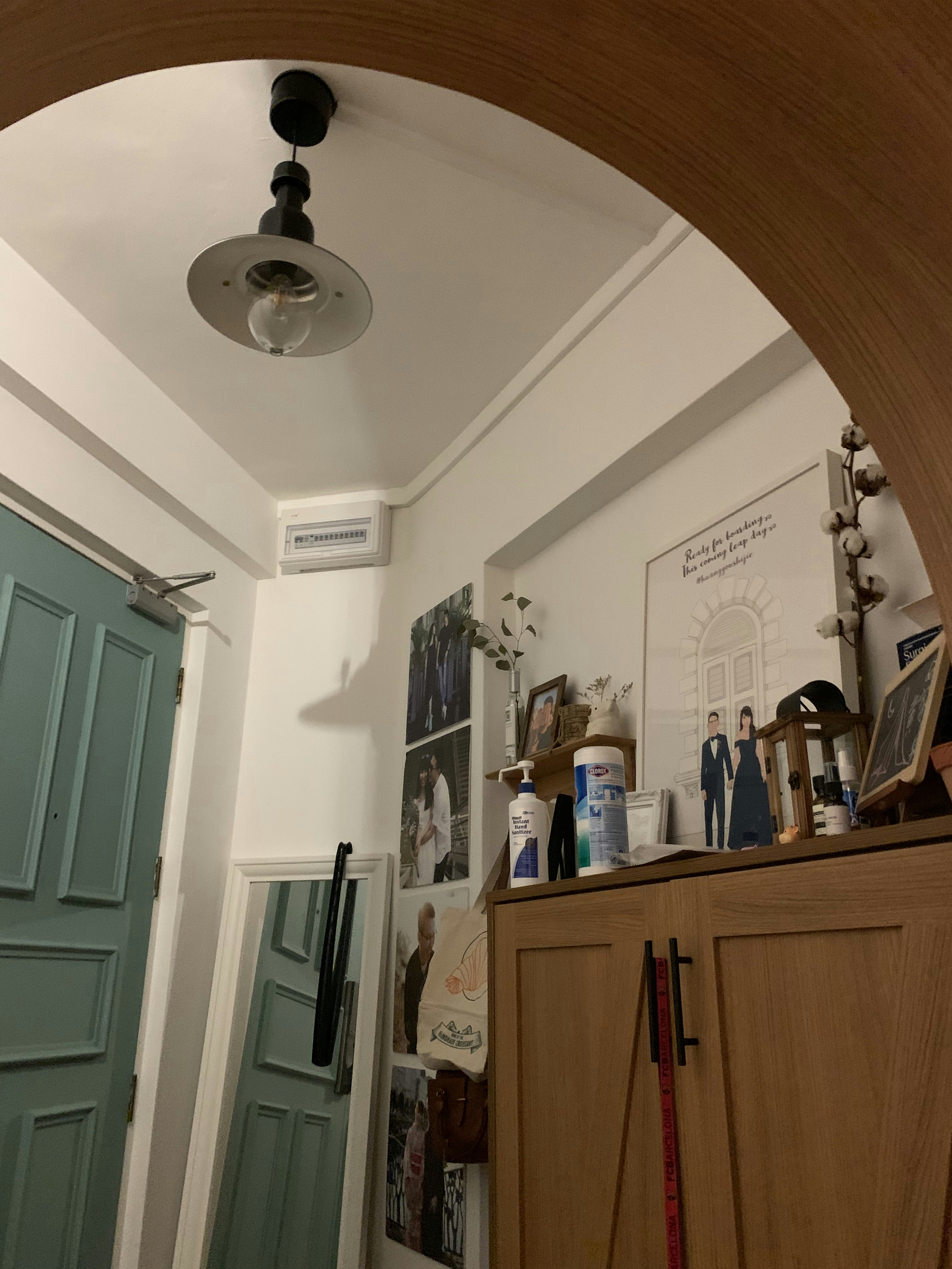 Ambient and Functional Lightings in a Classic Farmhouse HDB - Wooden door, archway, ceiling fan, light fixture, green door