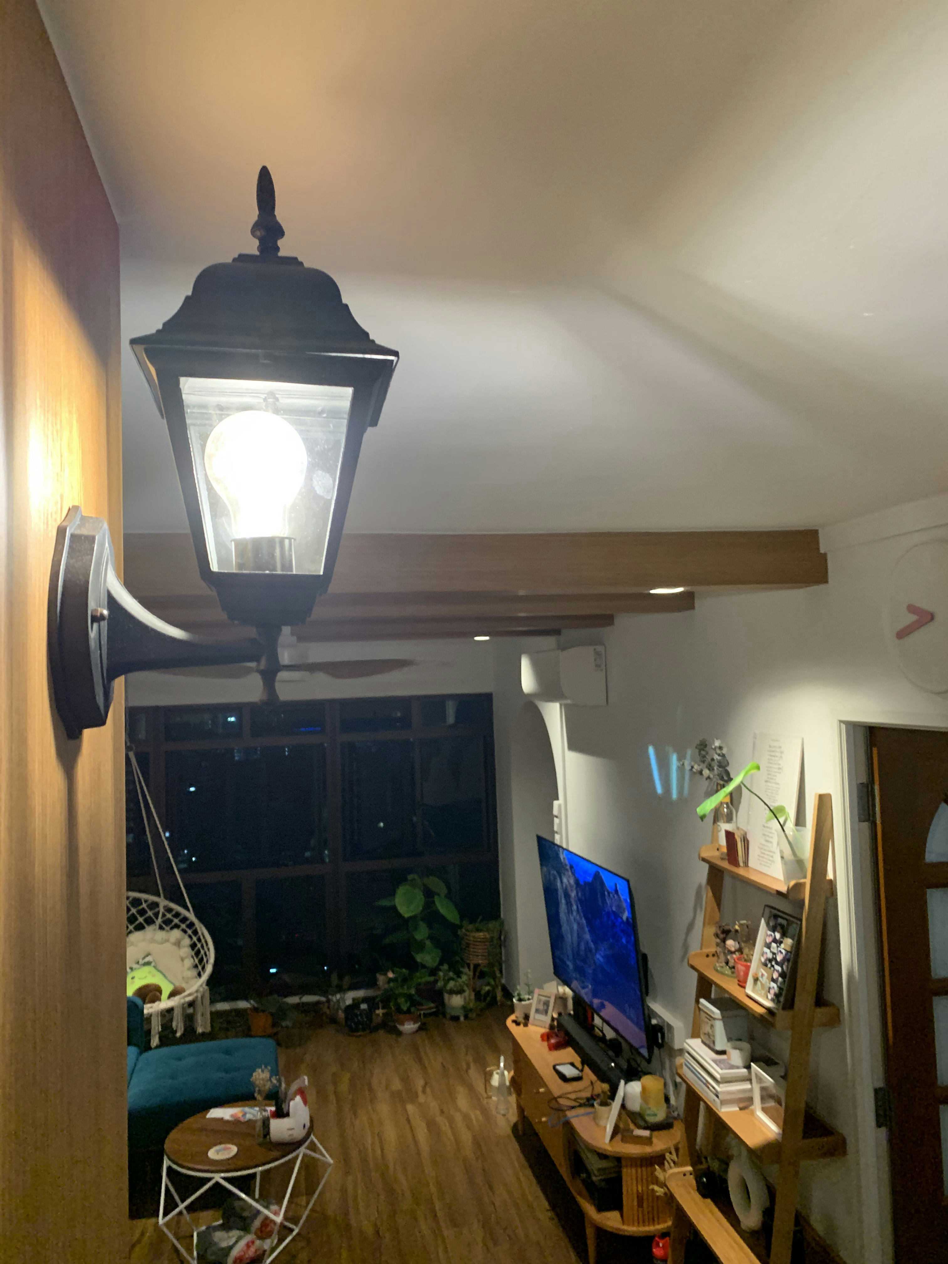Ambient and Functional Lightings in a Classic Farmhouse HDB - Light fixture, wooden wall, ceiling fan, lamp, night view