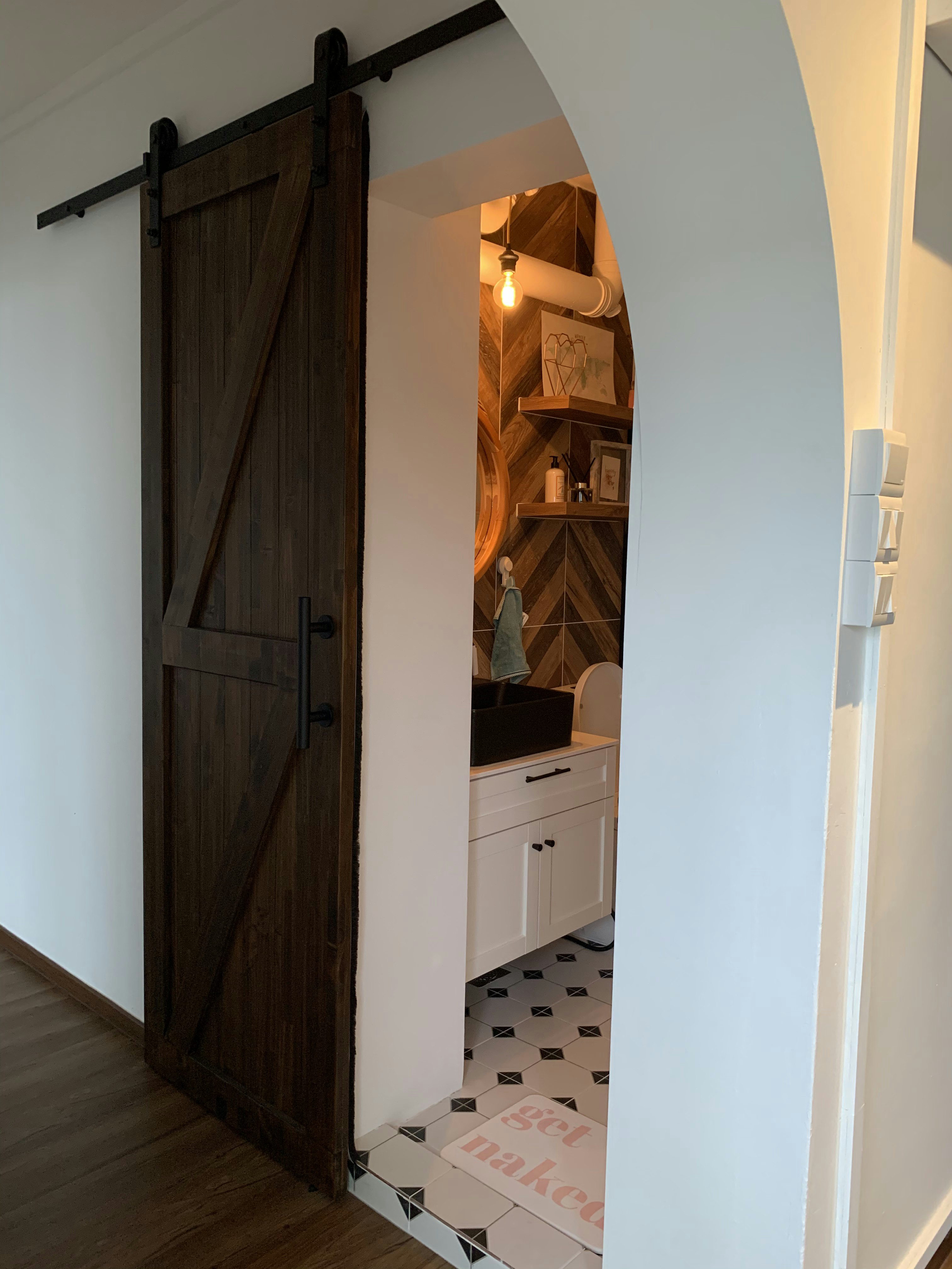Ambient and Functional Lightings in a Classic Farmhouse HDB - Bathroom interior, wooden door, rustic design, white walls