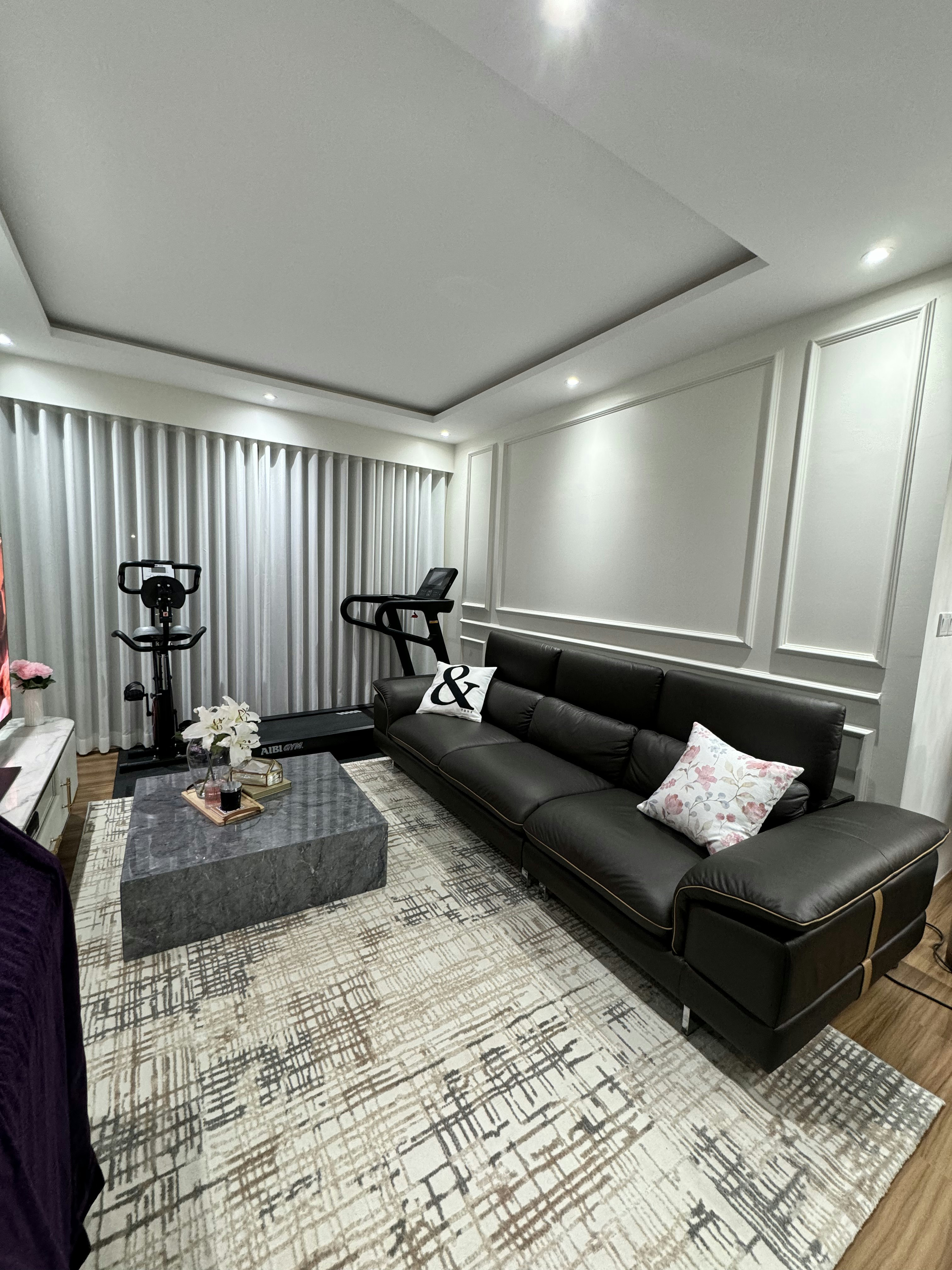 Cozy vibe with modern victorian style - Modern living room, exercise equipment, treadmill, yoga mat, exercise ball, exercise