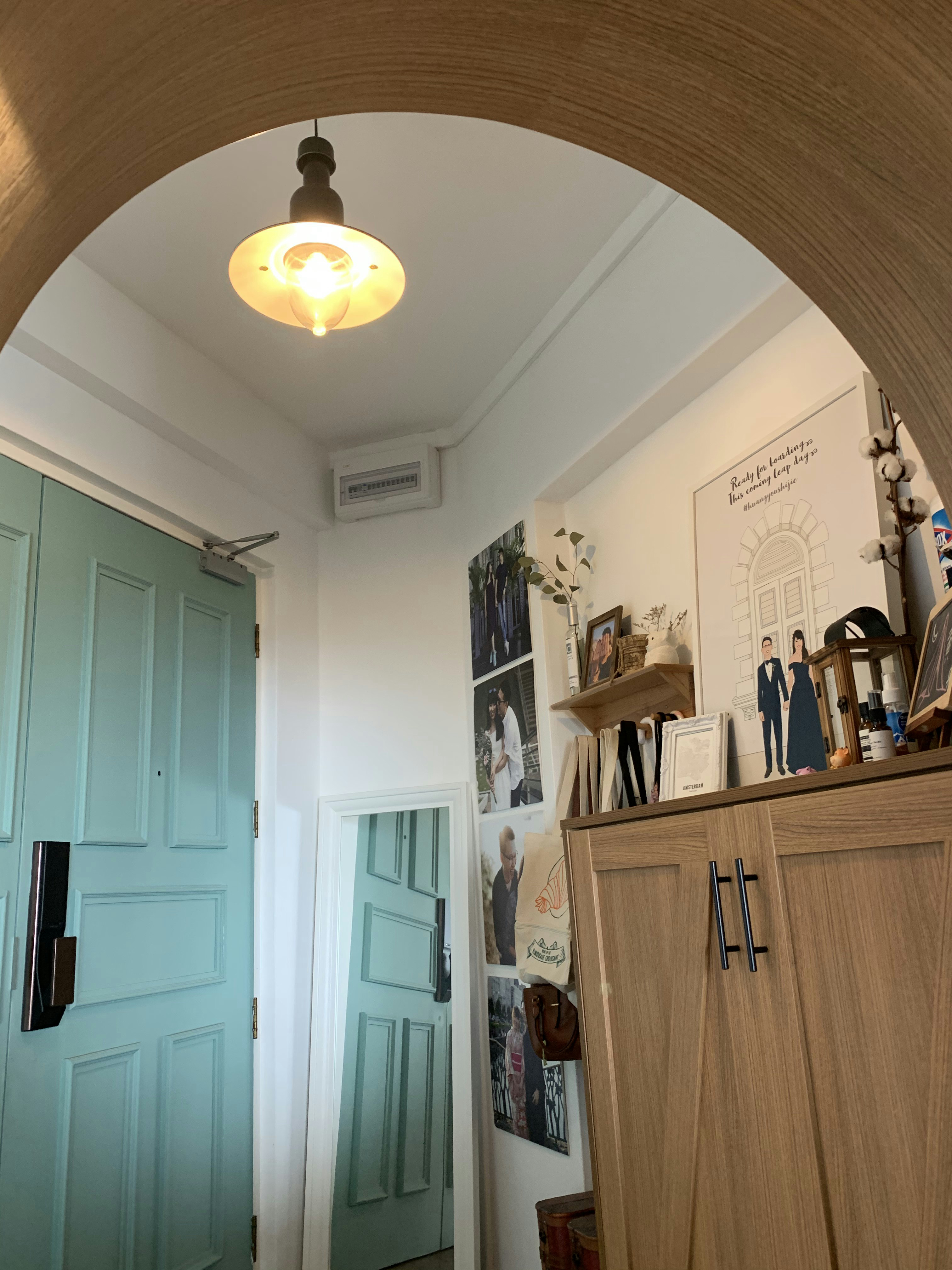 Enter our 4-rm Classic Farmhouse in Telok Blangah - Light fixture, archway, teal doors, white ceiling, air conditioning unit