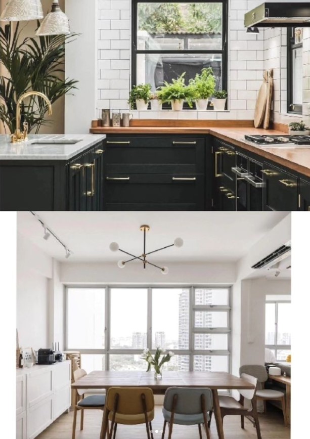 Recreating our dream home style! - black kitchen cabinetry, modern design, black and white tiles, wooden countertops