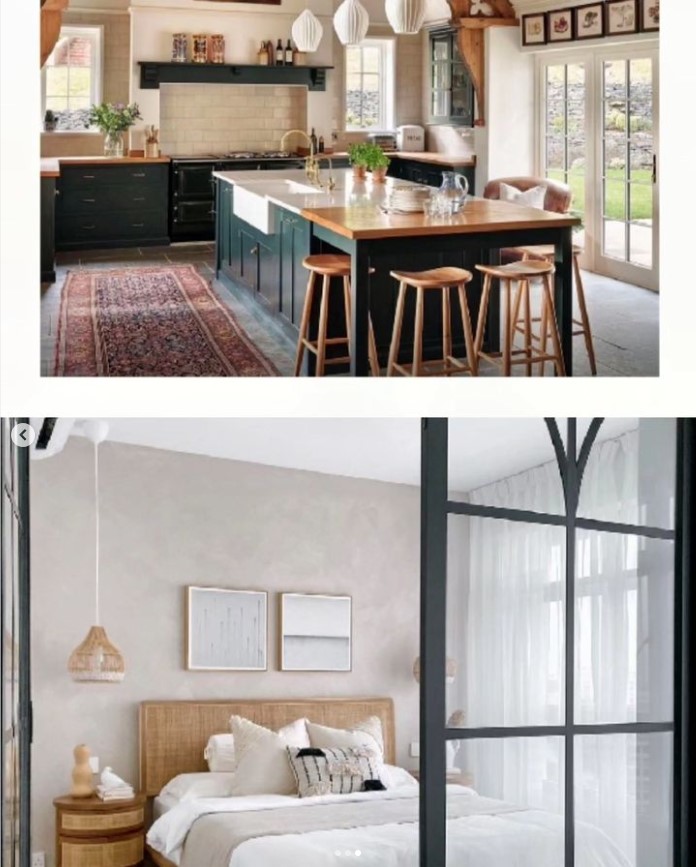 Recreating our dream home style! - Modern kitchen with black and wooden accents, island bar, pendant lights, large windows