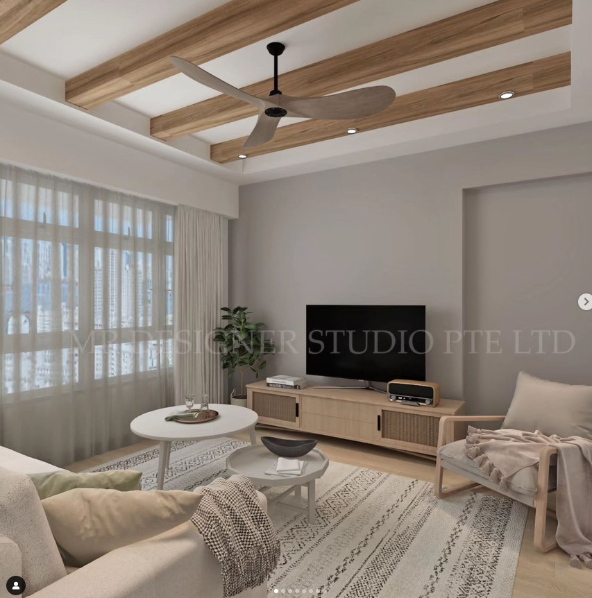 Renders coming to life! - Modern living room with minimalist design, large window with sheer curtains, wooden ceiling beams