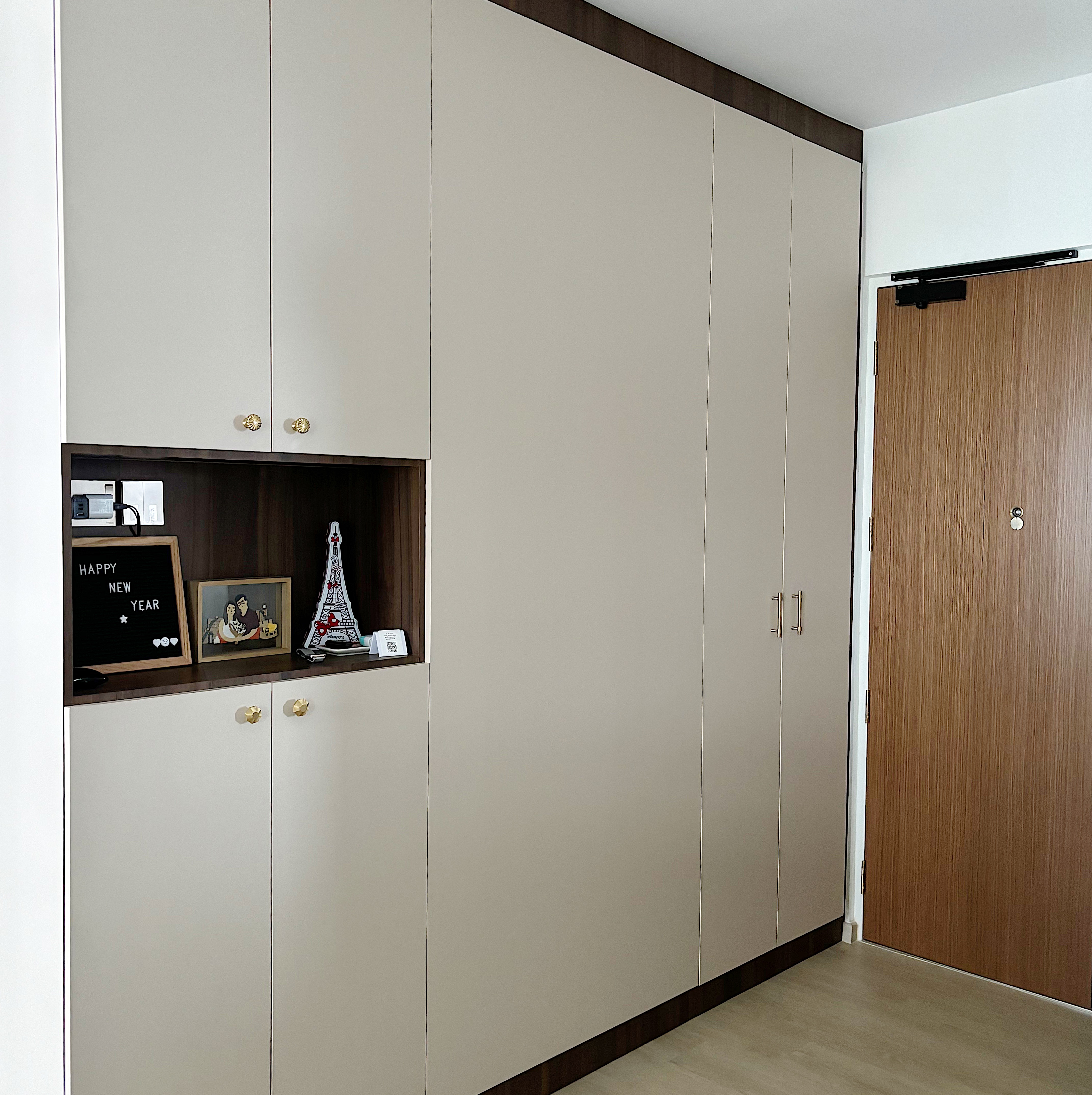 Renders coming to life! - Cabinets, wooden doors, light beige, minimalist design, white walls, wooden floor, small shelf