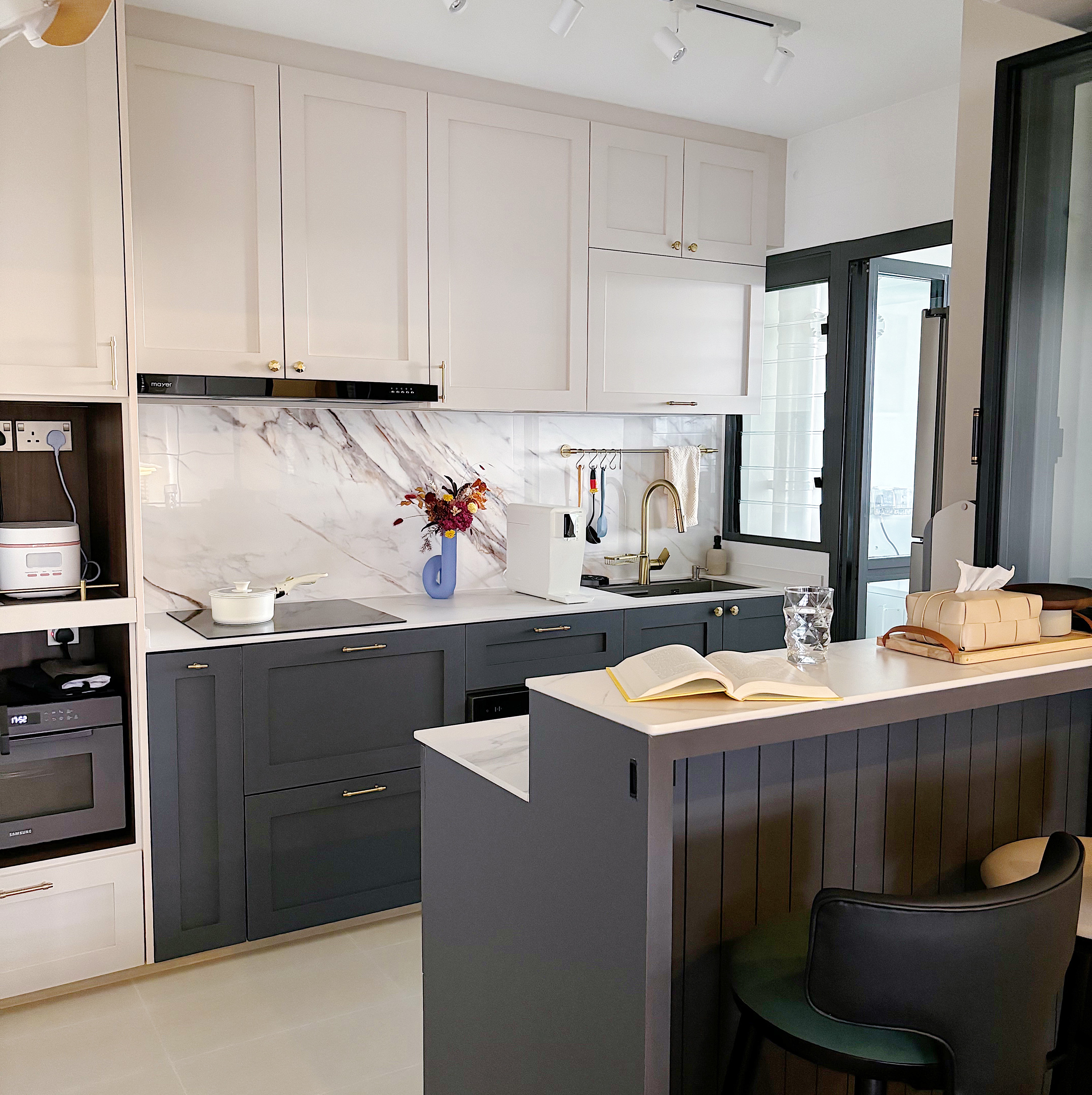 Renders coming to life! - Modern kitchen with marble backsplash, stainless steel appliances, gray cabinets, open shelving