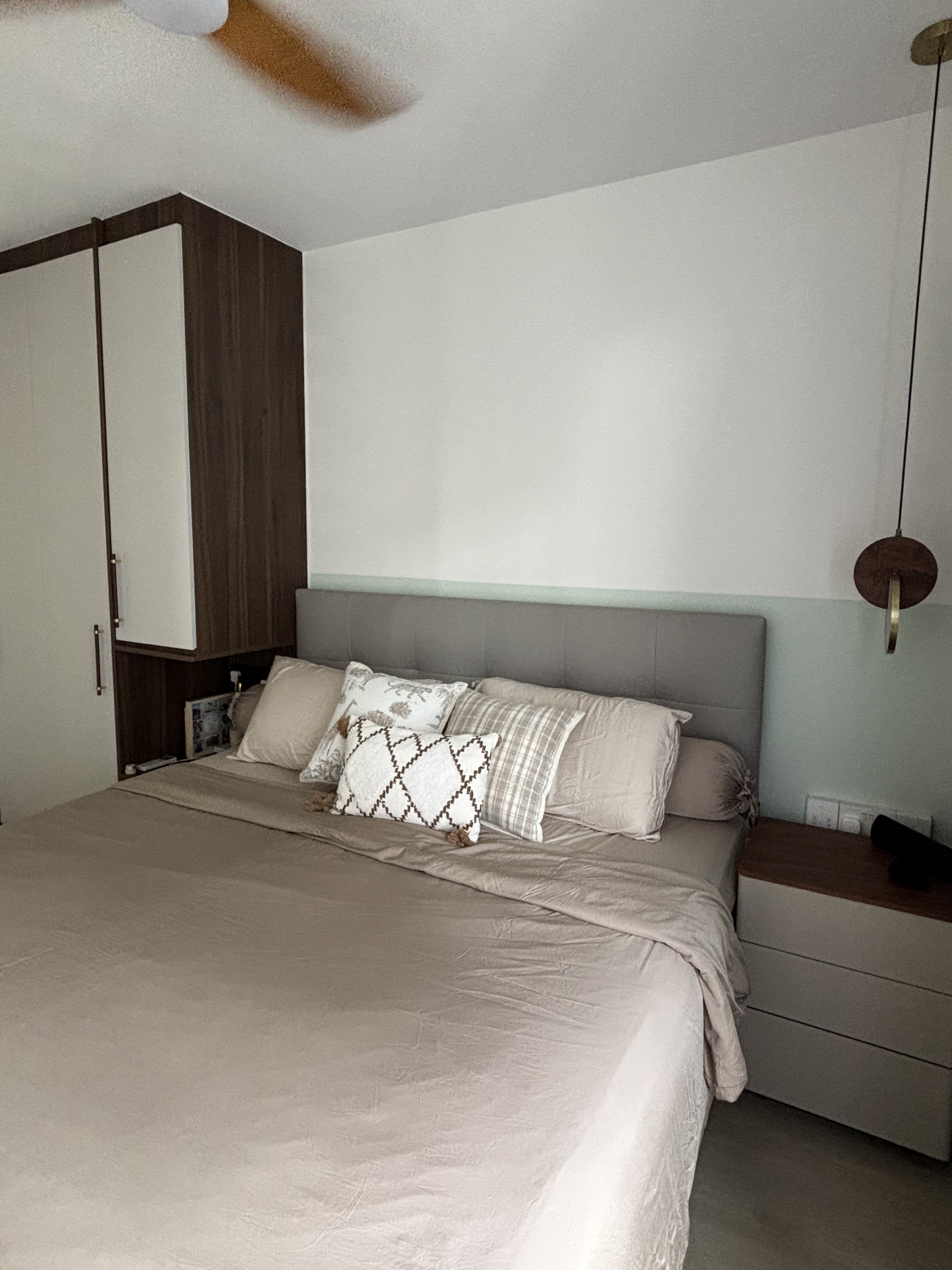 Renders coming to life! - modern bedroom, cozy bed, beige bedding, white pillows, gray headboard, wooden nightstand, hanging