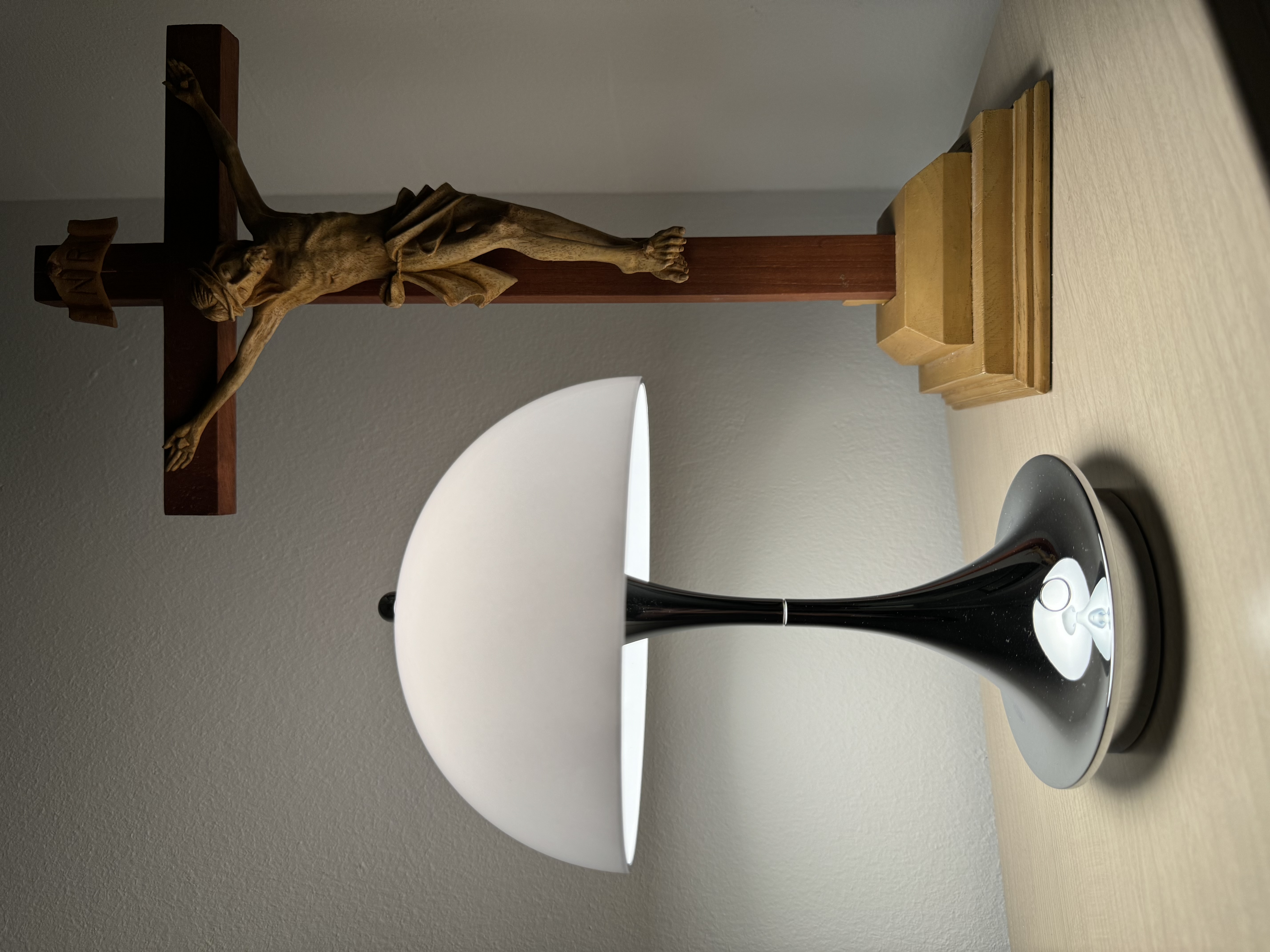 Let There Be Light! - Christian icon, wooden cross, crucifixion scene, religious art, sculpture, wooden panel, light fixture