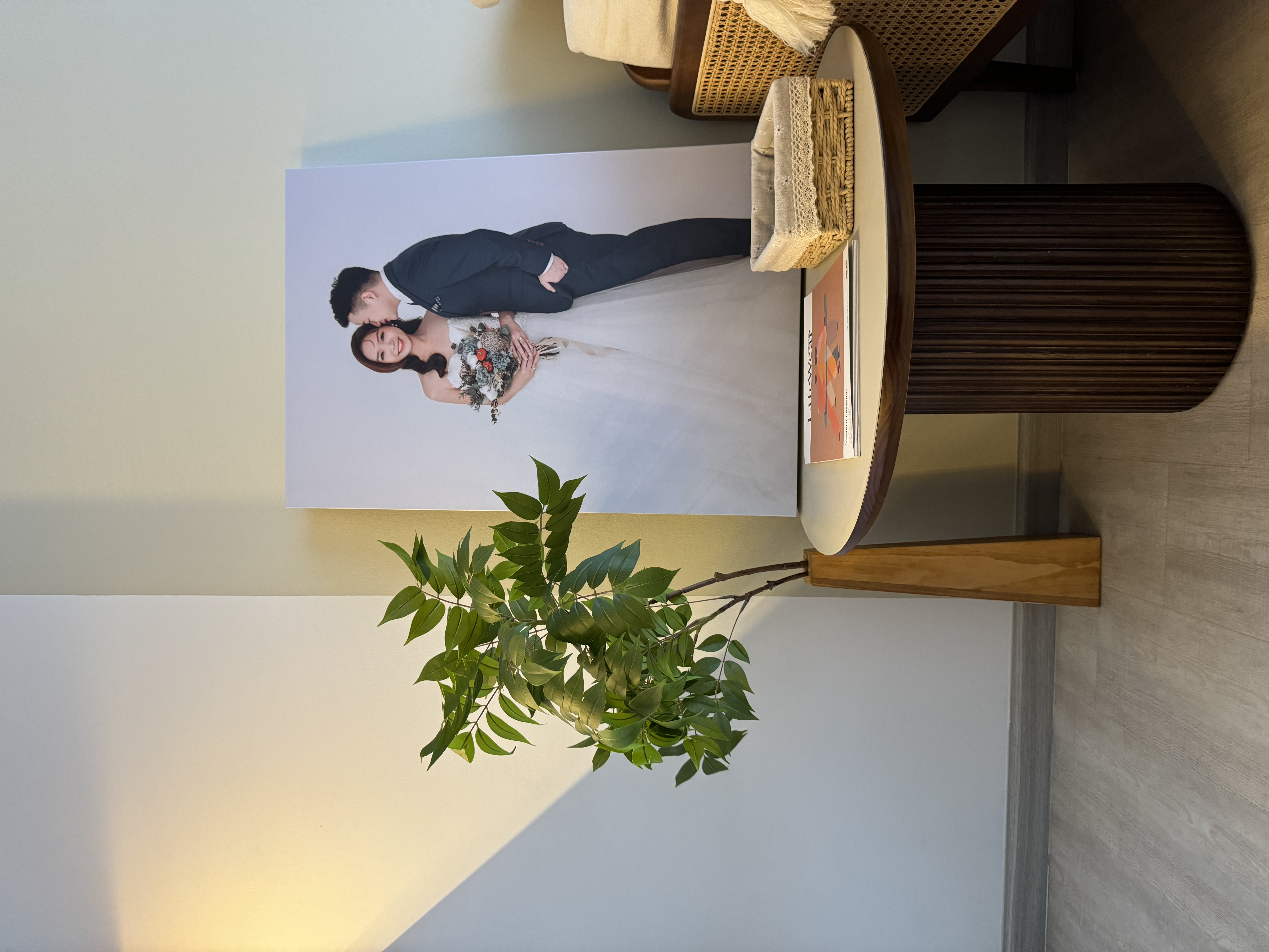 Bringing Nature Indoors: Our Green Oasis 🍃  - white wedding dress, couple embracing, bride holding bouquet, modern decor