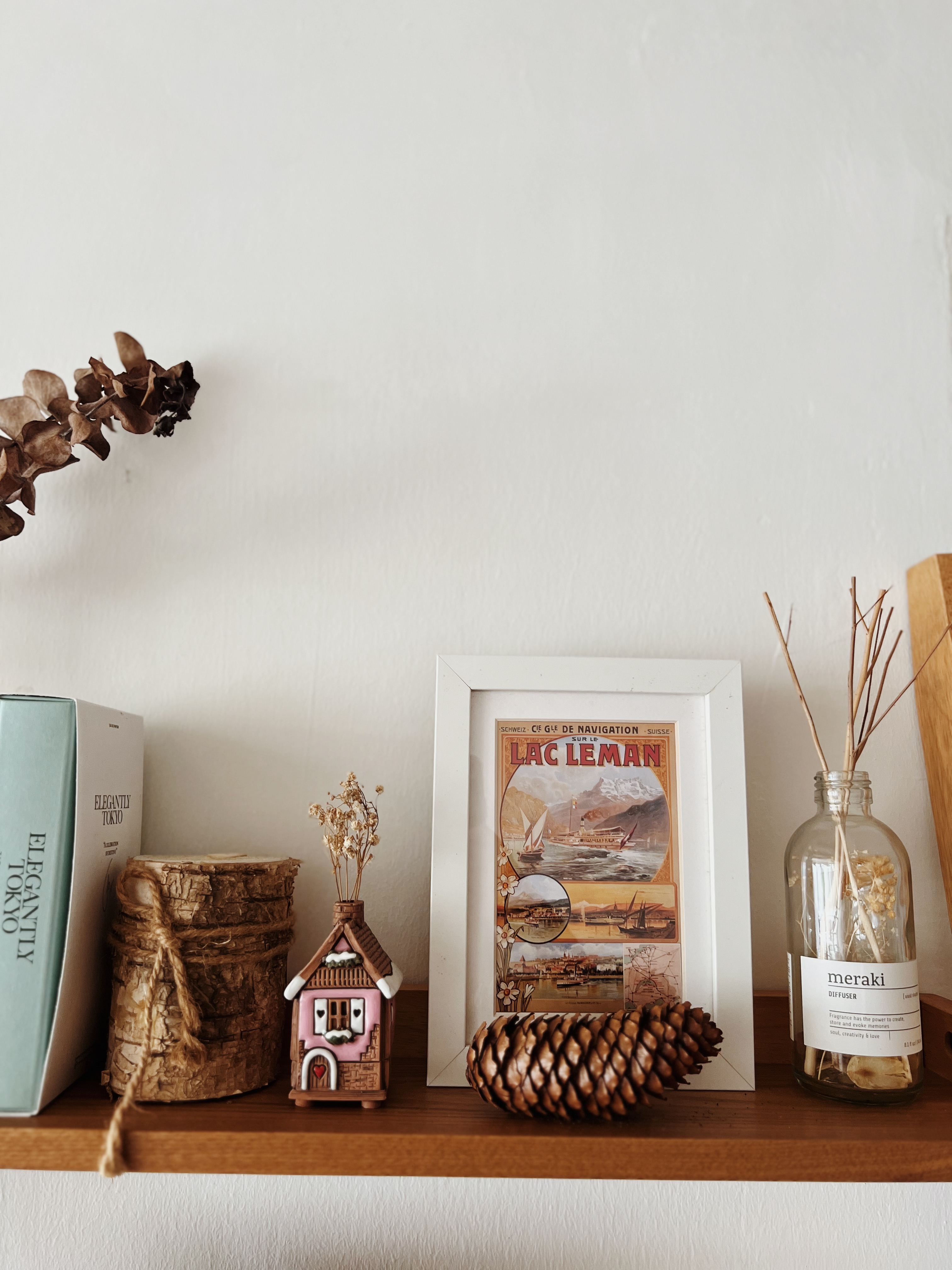 Cozy corners in our Classic Farmhouse that reminds us of our travels - Elegant Tokyo, rustic wooden shelf, pastel green book