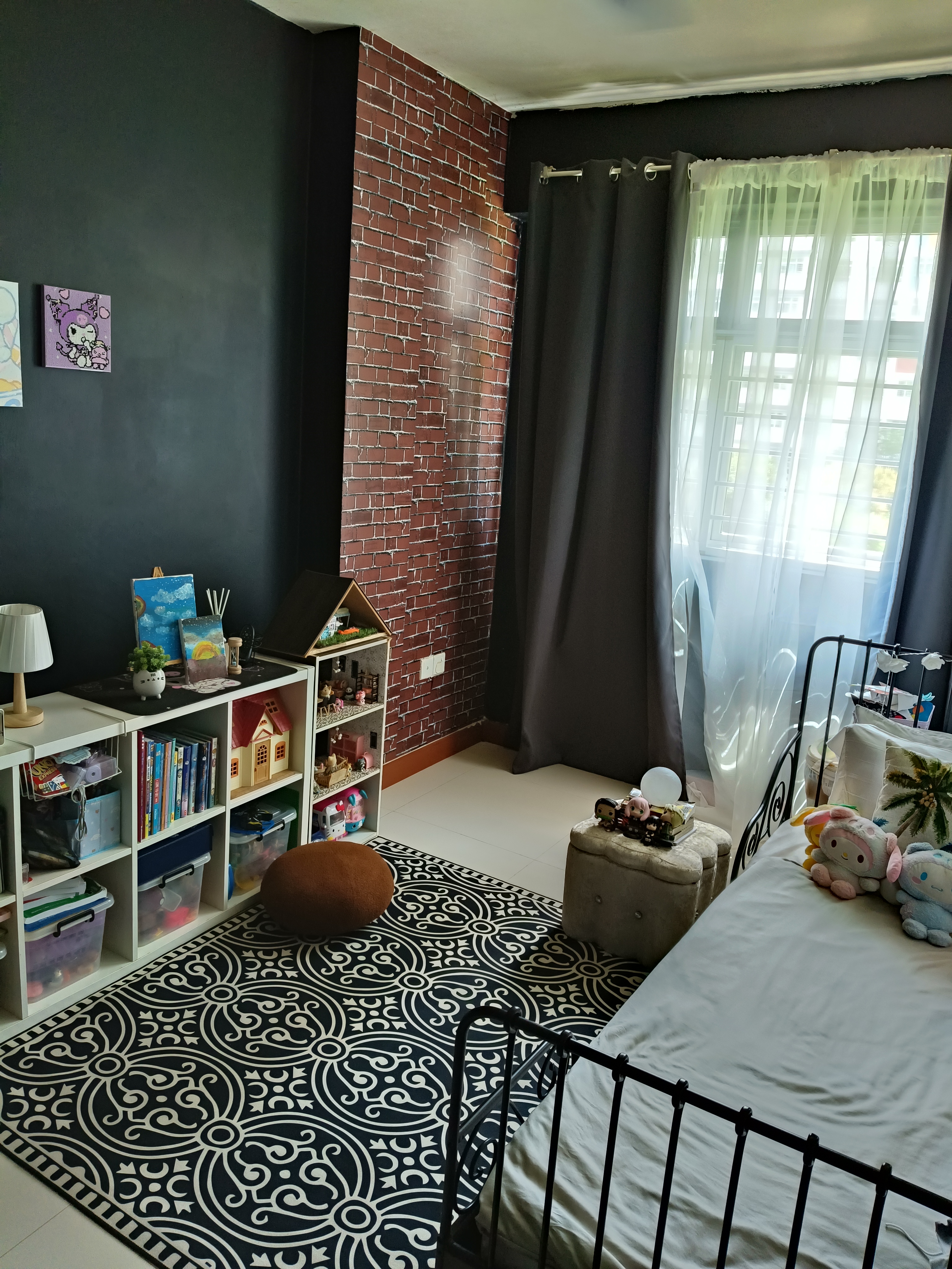 No reno home..but make it home 😍 - Dark gray wall, brick wall, black curtains, white sheer curtains, cozy room, modern