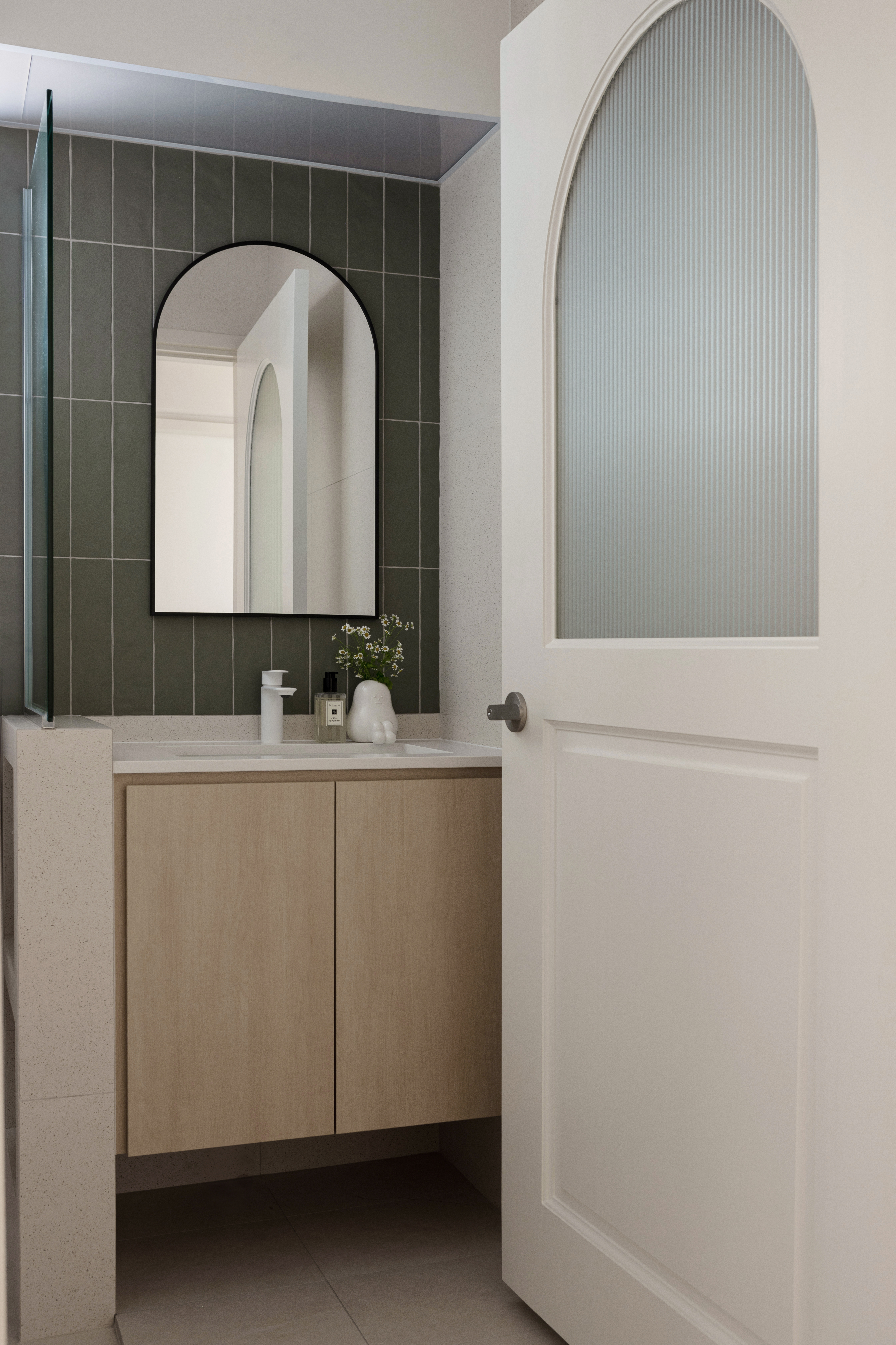 Cozy and creamy living space with a warm inviting ambience - Modern bathroom interior, minimalist design, floating vanity