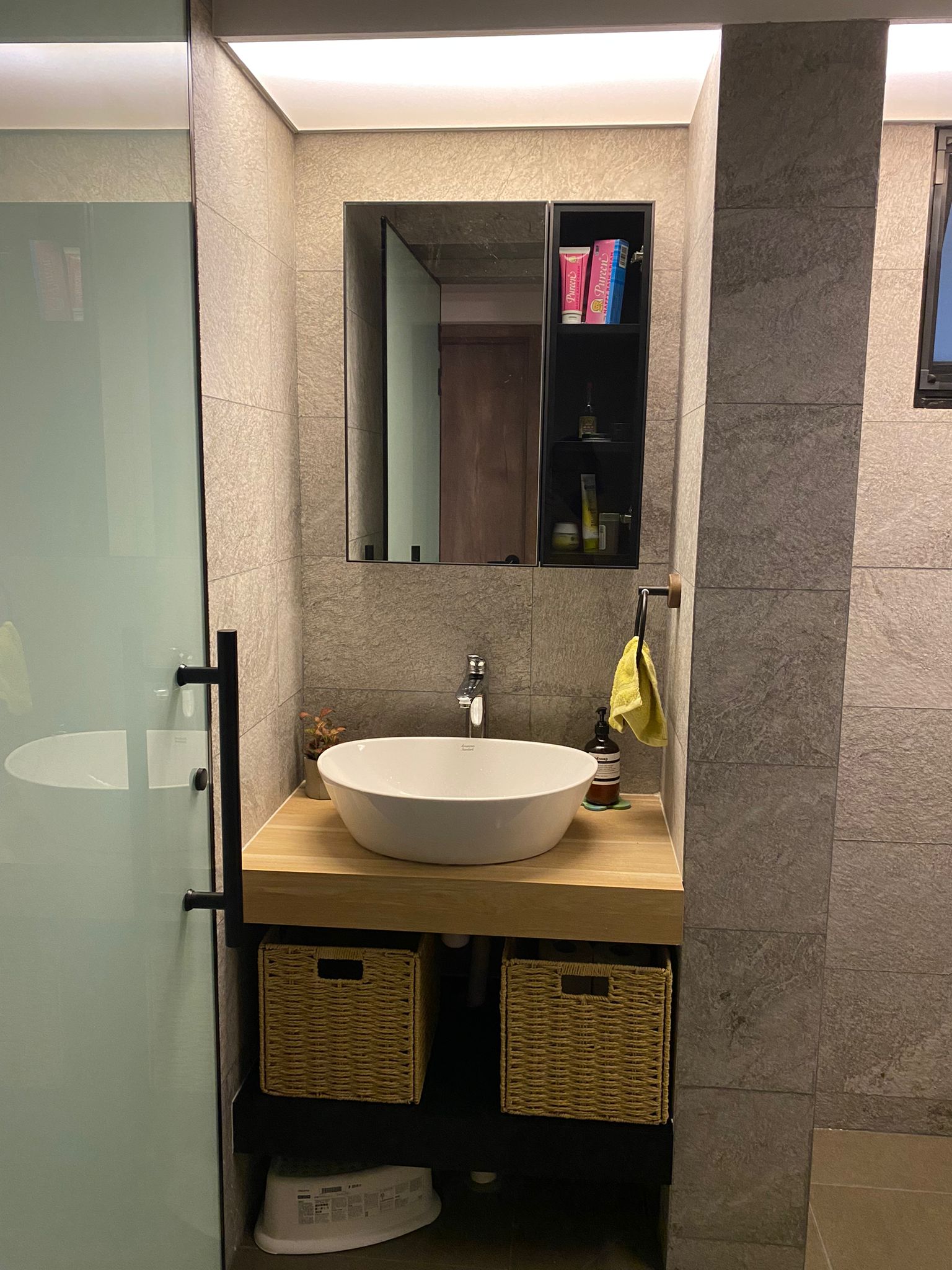 Instead of hacking, I created a wall! Reno about $60k+! - Bathroom vanity, modern design, white oval sink, built-in mirror