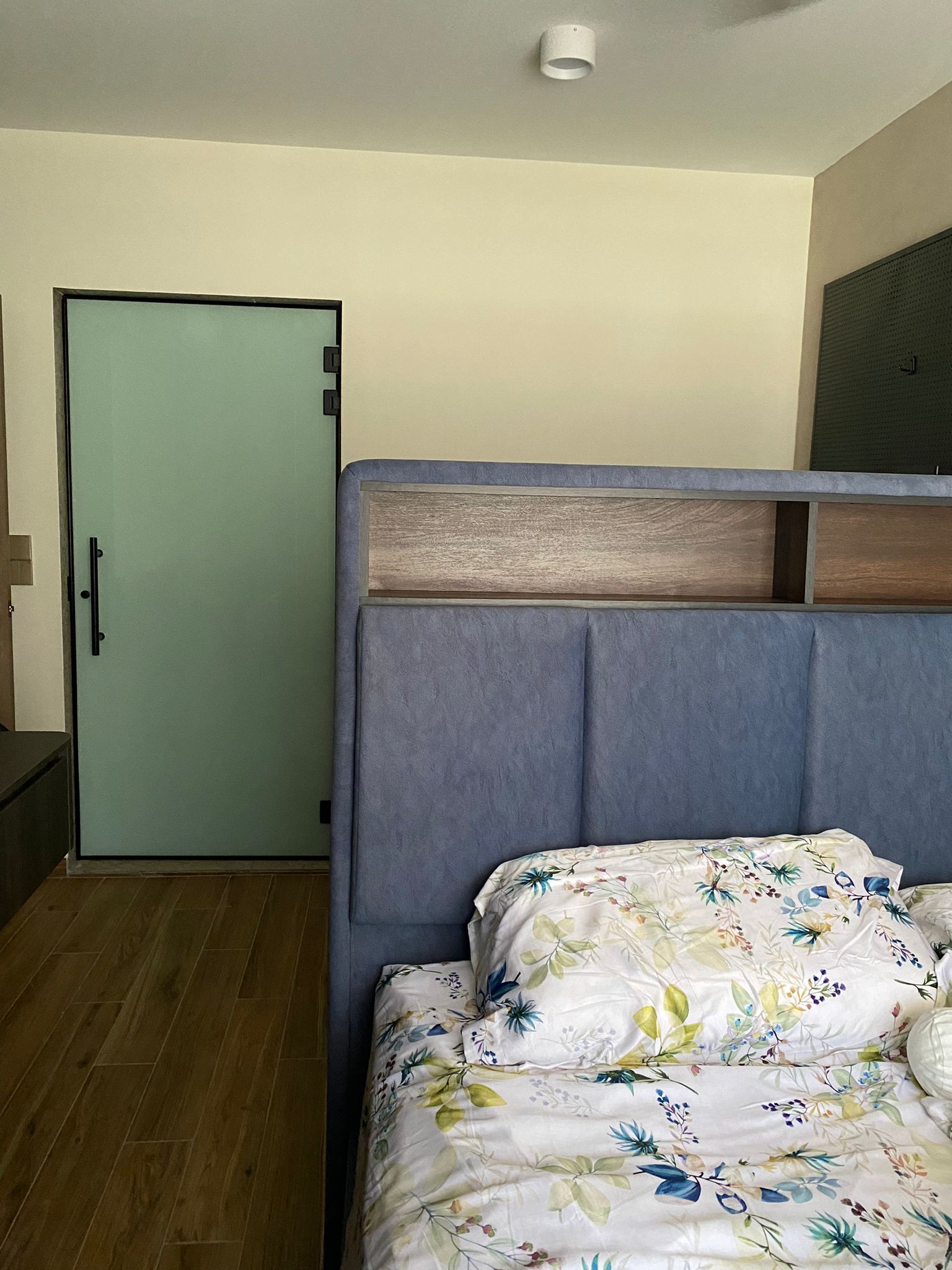 Instead of hacking, I created a wall! Reno about $60k+! - Wooden floor, light beige walls, green door, dark wooden headboard