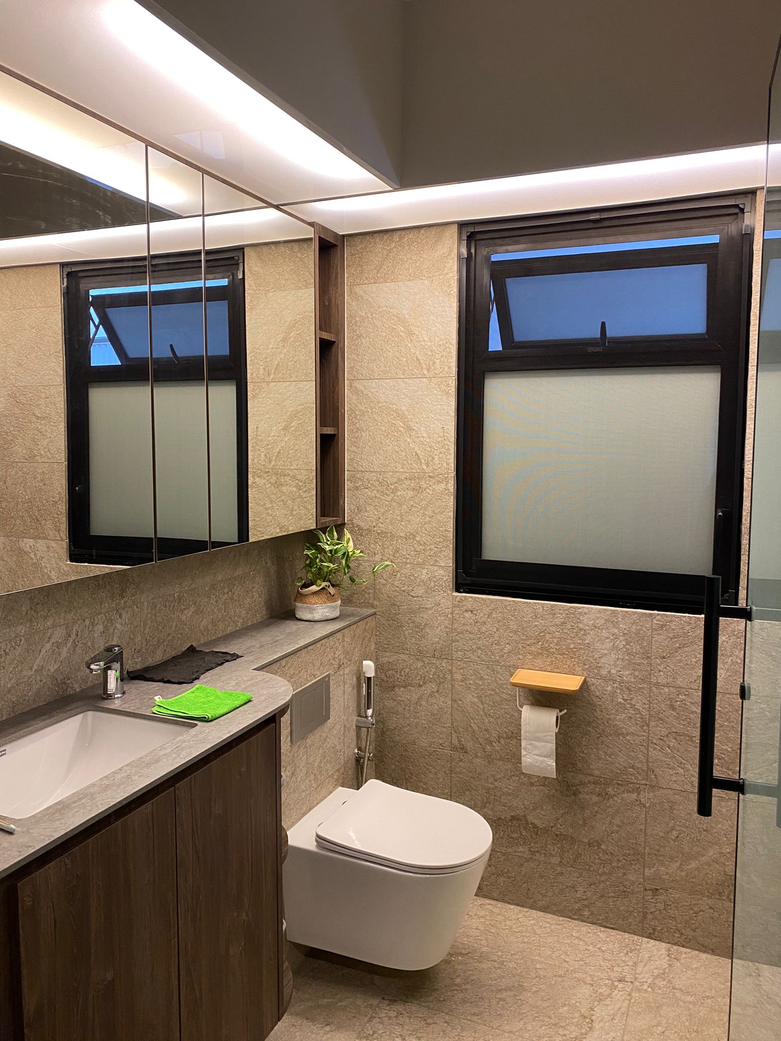 Instead of hacking, I created a wall! Reno about $60k+! - Modern bathroom with sleek design, large mirror, beige tiles