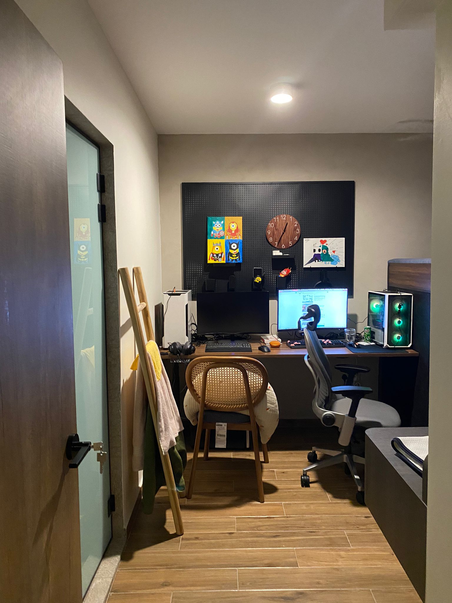 Instead of hacking, I created a wall! Reno about $60k+! - Wooden desk, computer monitors, gaming chair, wall art, colorful