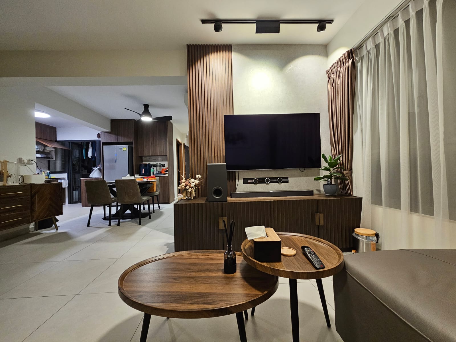 House Tour: Exploring Dark Wood Mid-Century Modern Theme - Modern living room with sleek design, wooden furniture, large