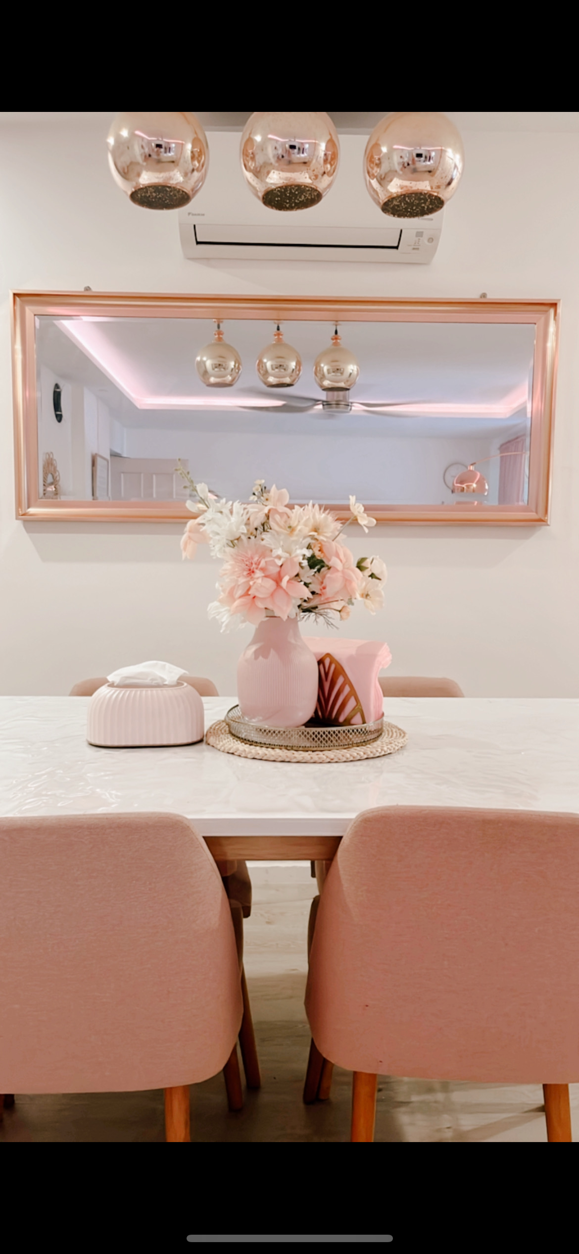 Dining in pink - vibrant dining room, pastel color palette, modern decor, cozy atmosphere, elegant table setting, pink