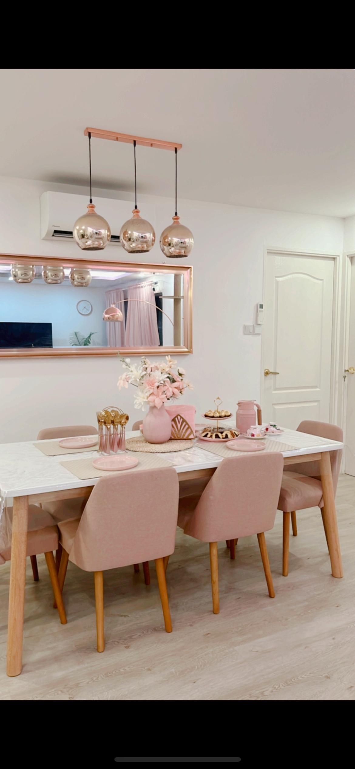 Dining in pink - feminine decor, pastel color scheme, minimalist design, cozy dining room, modern aesthetic, soft lighting