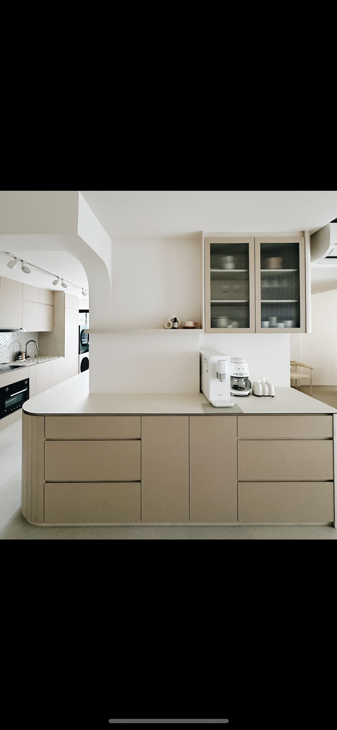 Our 93sqm modern minimalist home  - Modern kitchen with sleek design, minimalist decor, neutral color palette, open shelving