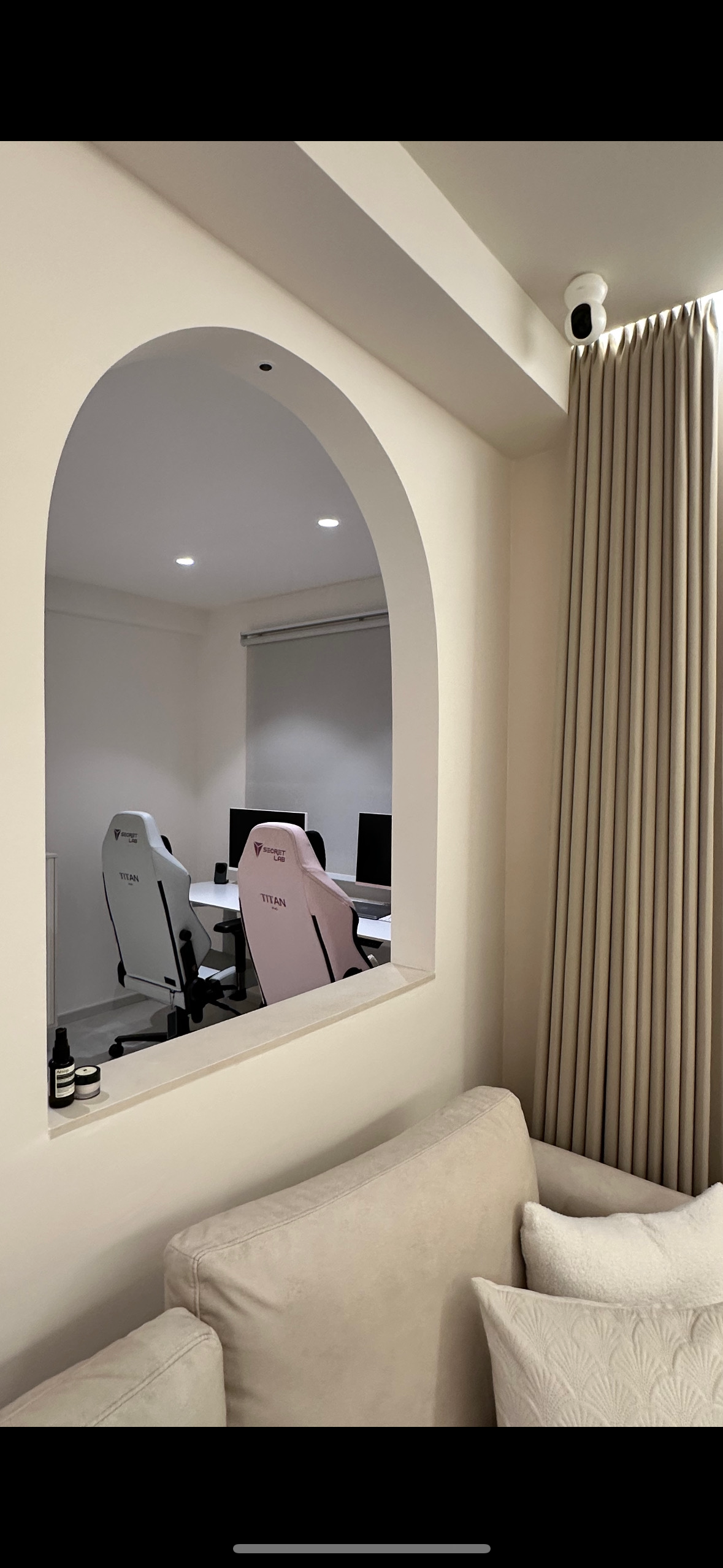 Our 93sqm modern minimalist home  - Modern home office, minimalist design, gaming setup, white and pink chairs, ergonomic