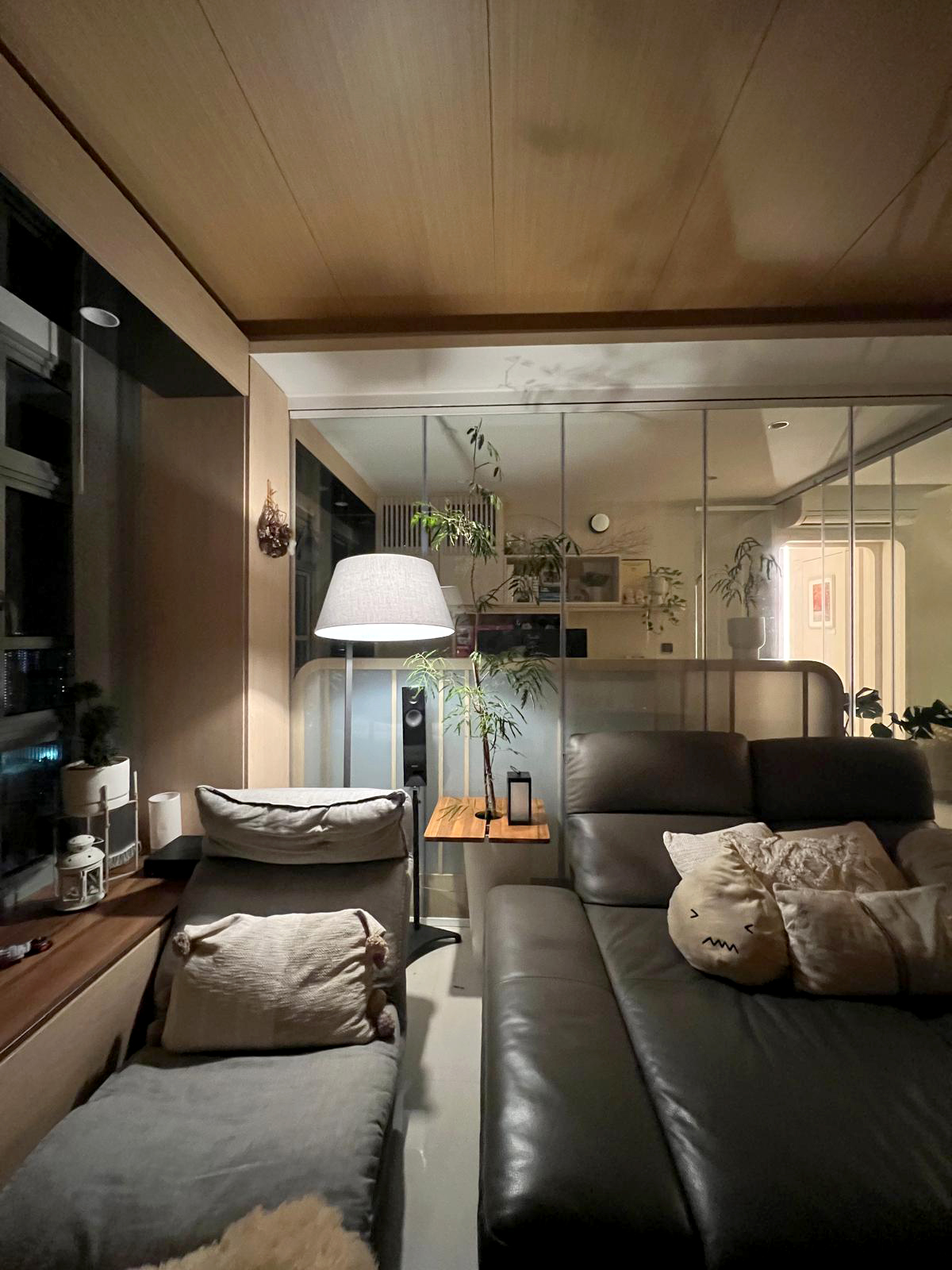 "Embracing the Magic: Day and Night Views from Our Nest ✨🌙" - Modern living room, cozy seating area, wooden ceiling